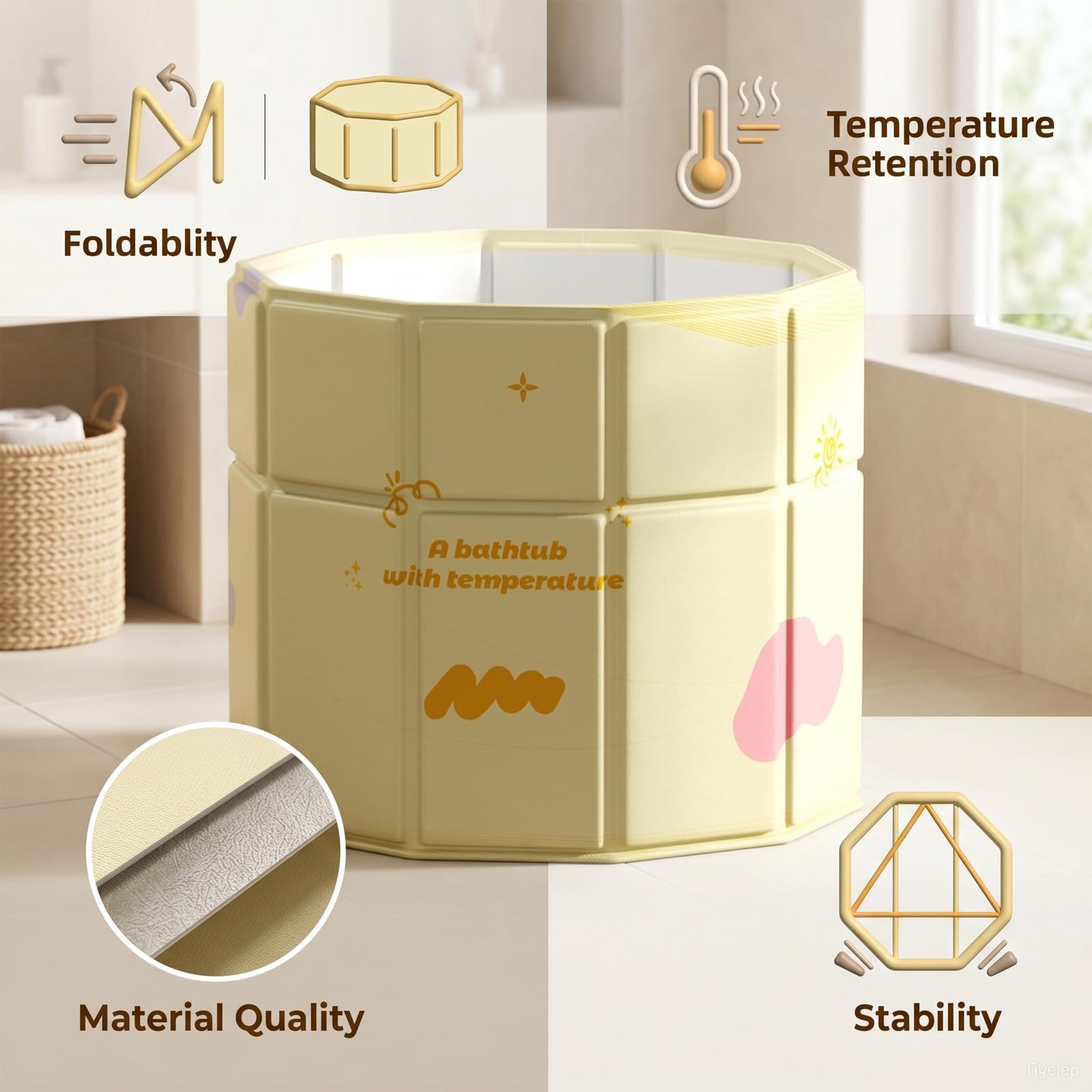 Vasca da bagno pieghevole giallo 70 x 70 cm, pieghevole per adulti, vasca da bagno pieghevole portatile, vasca da bagno separata, vasca SPA, ammollo, nessuna installazione per casa e all'aperto