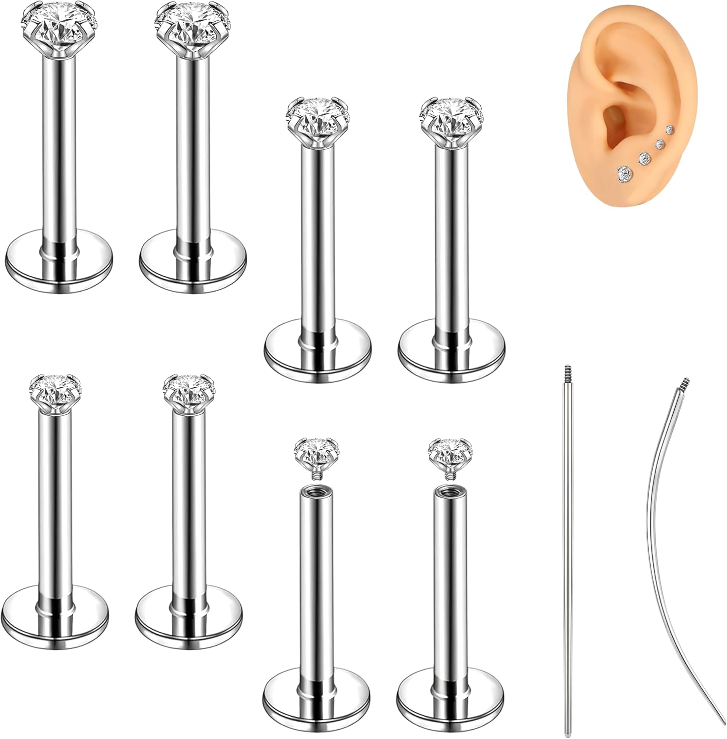 18G/16G Labret Jewelry Surgical Steel Internal Thread CZ Stud Lip Nose Piercing Studs Flat Back Medusa Monroe Lip Cartilage Earring Piercing Jewelry, 2/2.5/3/4mm CZ