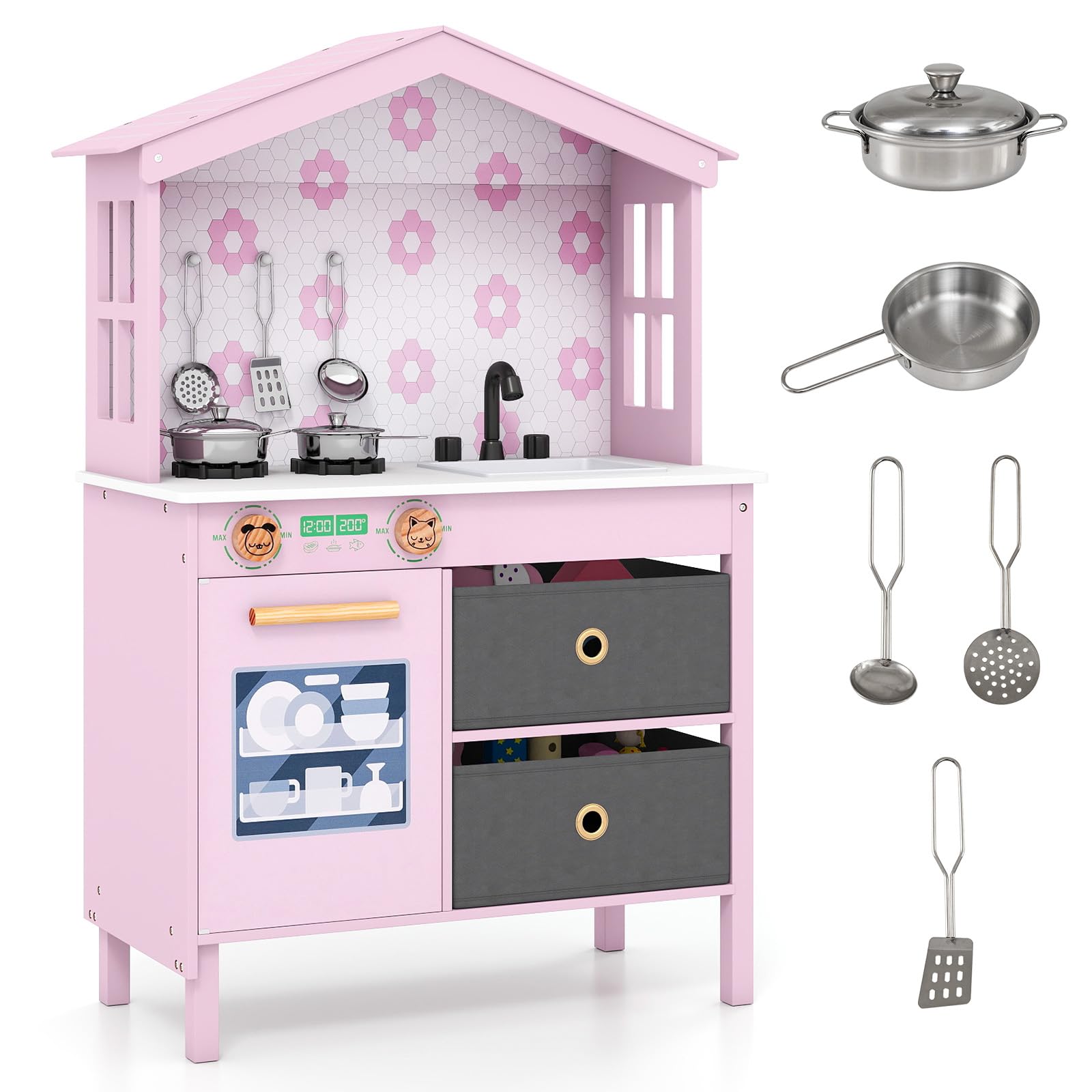 GYMAX Kids Play Kitchen, Wooden Toy Kitchen with Stoves, Dishwasher, Sink and Drawers, Children Cooking Role Playset for 3+ Years Old (Pink)