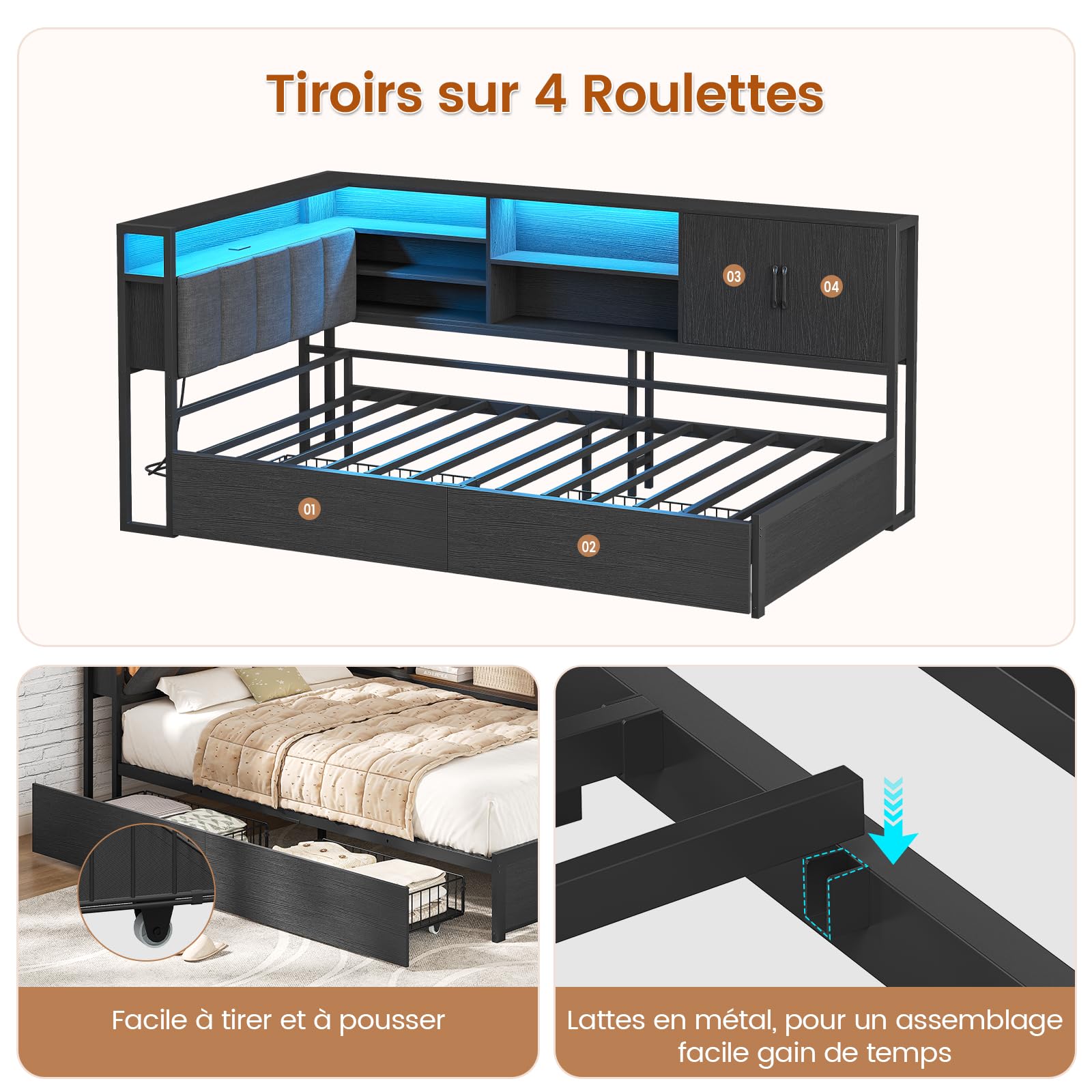 KIMENICH Canapé lit 90 x 190 avec 2 Tiroirs, Lit 90x190 avec Éclairage LED Réglable, Multiprise, 5 Niches Ouvertes, Compartiment Caché, Armoire avec Porte, Tête de Lit Capitonnée en Lin Gris, Noir