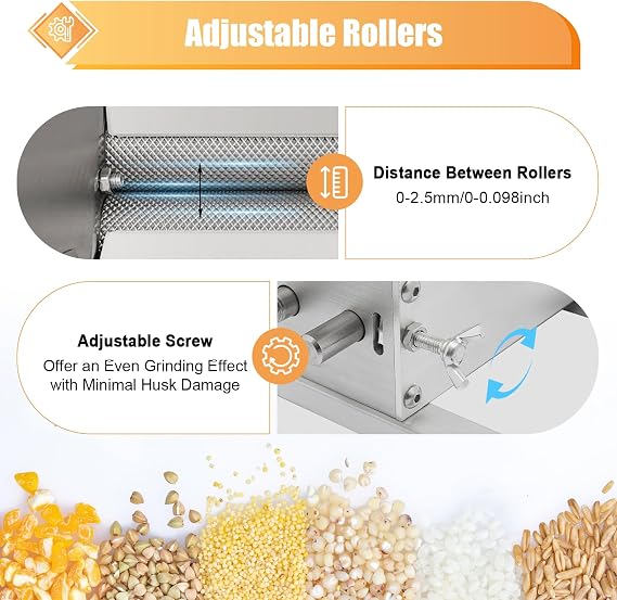 Malt Mill Crusher Grain Mill Brewing, Grain Mill Grinder with Adjustable Roller Gap (0-2.5mm) Hand Crank or Electric Drill Dual Operation Modes (Manual (Hand Crank) Stainless Steel)