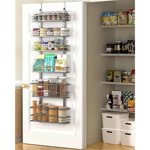 Moforoco 6-Tier Over The Door Pantry Organizer, Pantry Organization and Storage, Black Hanging Basket Cabinet Door Wall Spice Rack Shelves, Home & Kitchen Laundry Room Bathroom Essentials accessories