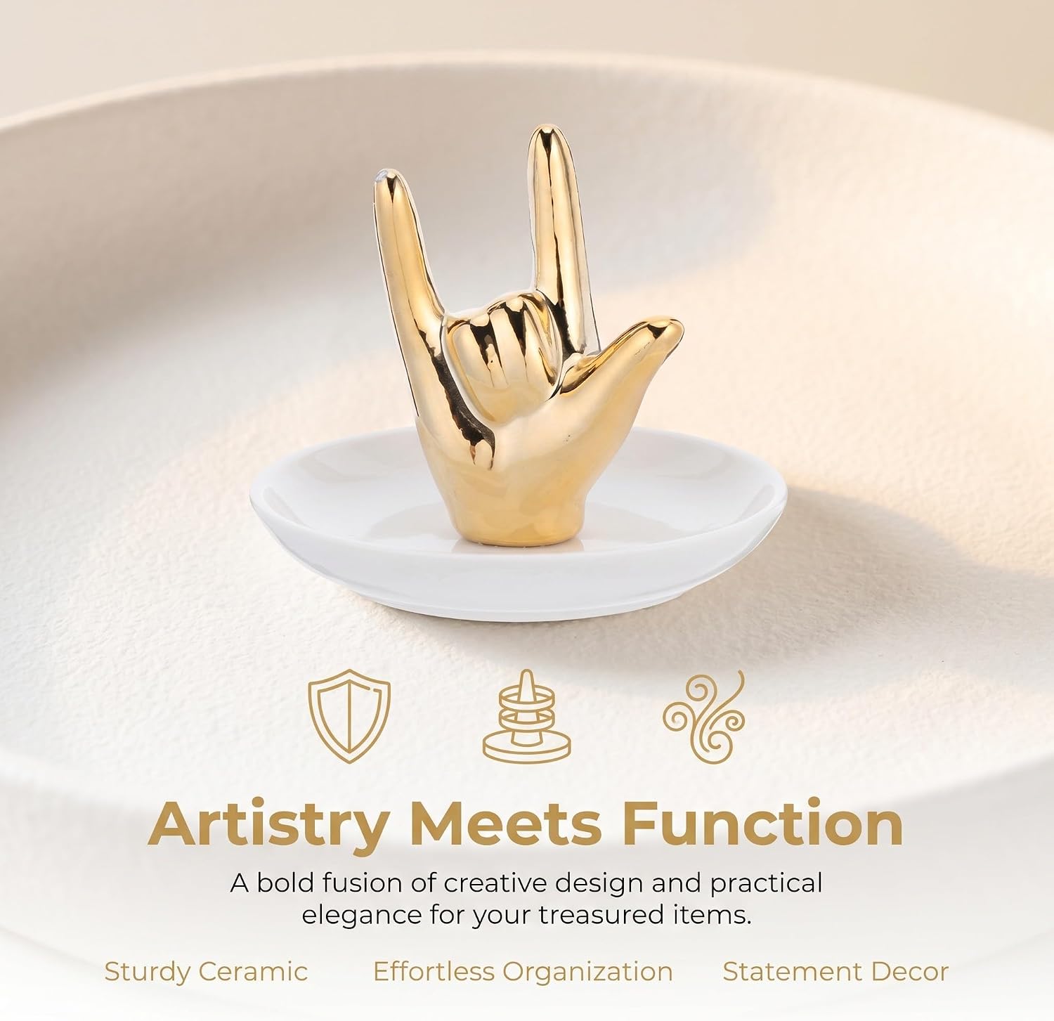 Vaguelly Ceramic Hand Gesture Ring Holder Tray, Golden Chic Jewelry Dish image 3