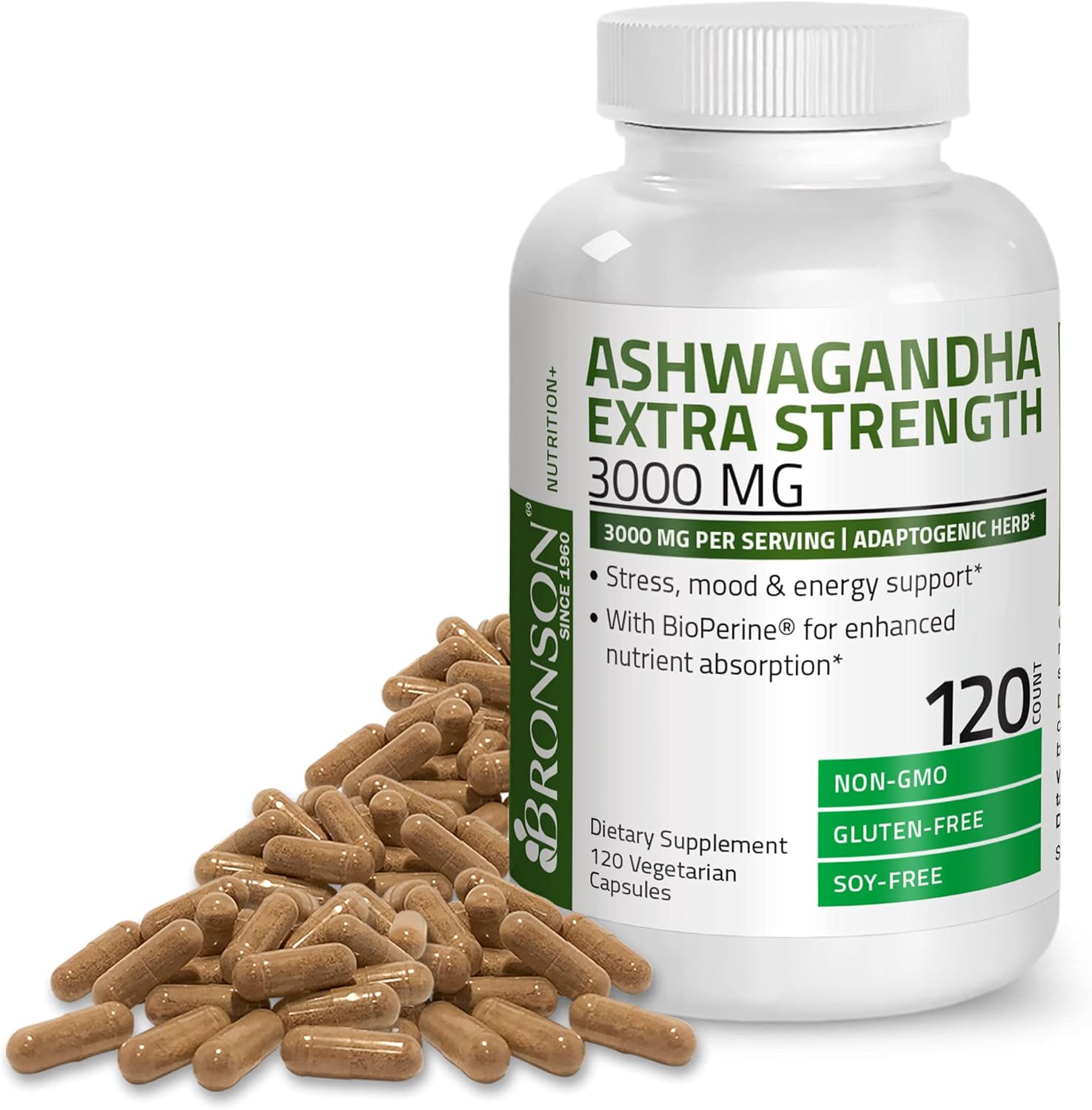 Bronson Ashwagandha Extra Strength 3000 mg per Serving, Stress & Mood Support with BioPerine - Non GMO, 120 Vegetarian Capsules : Health & Household