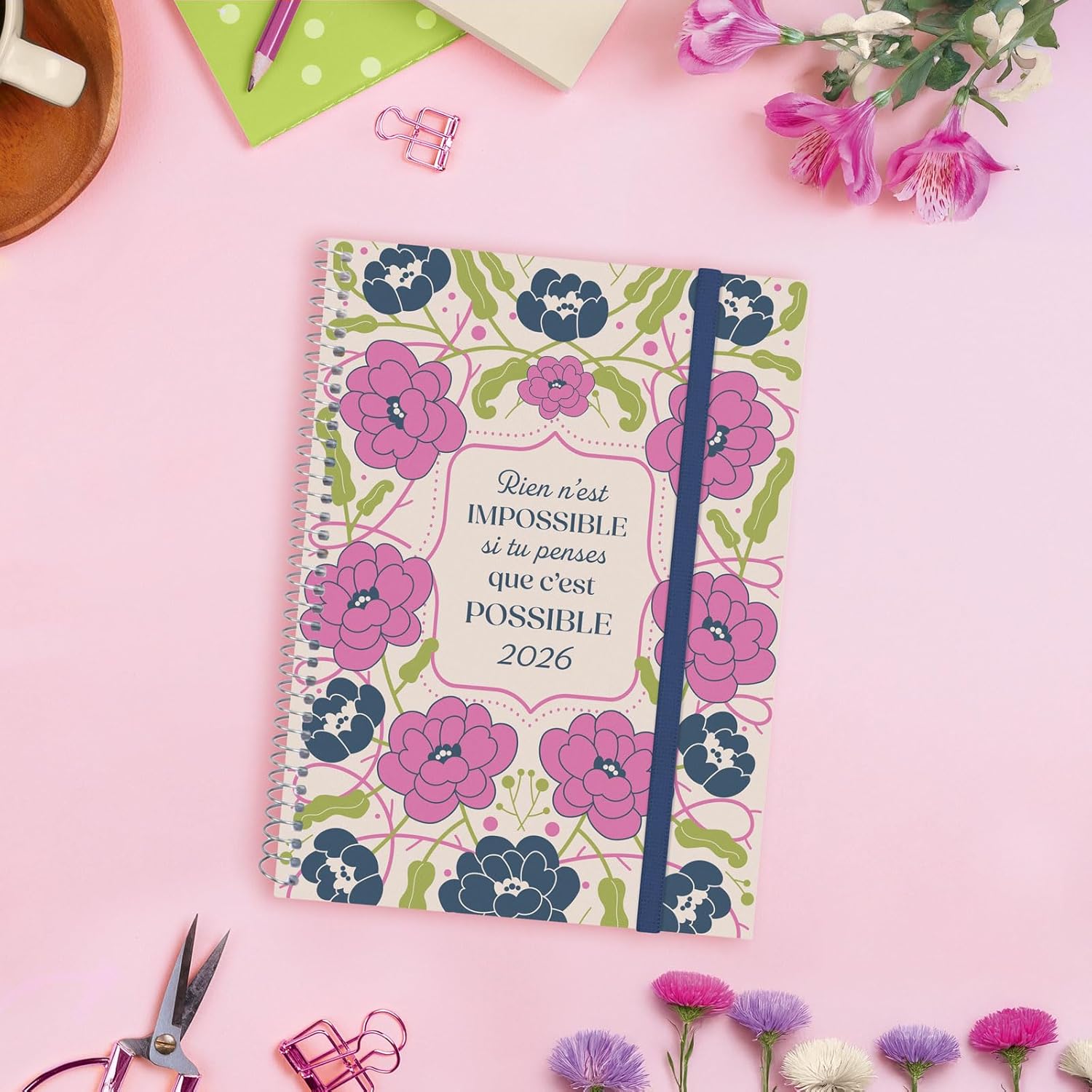 Finocam Spiral Calendar 2026, Week on 2 Pages, Horizontal Display | January - December | Annual Calendar 2026 | Polypropylene Cover Spiral Binding Design Collection - Not Possible - French