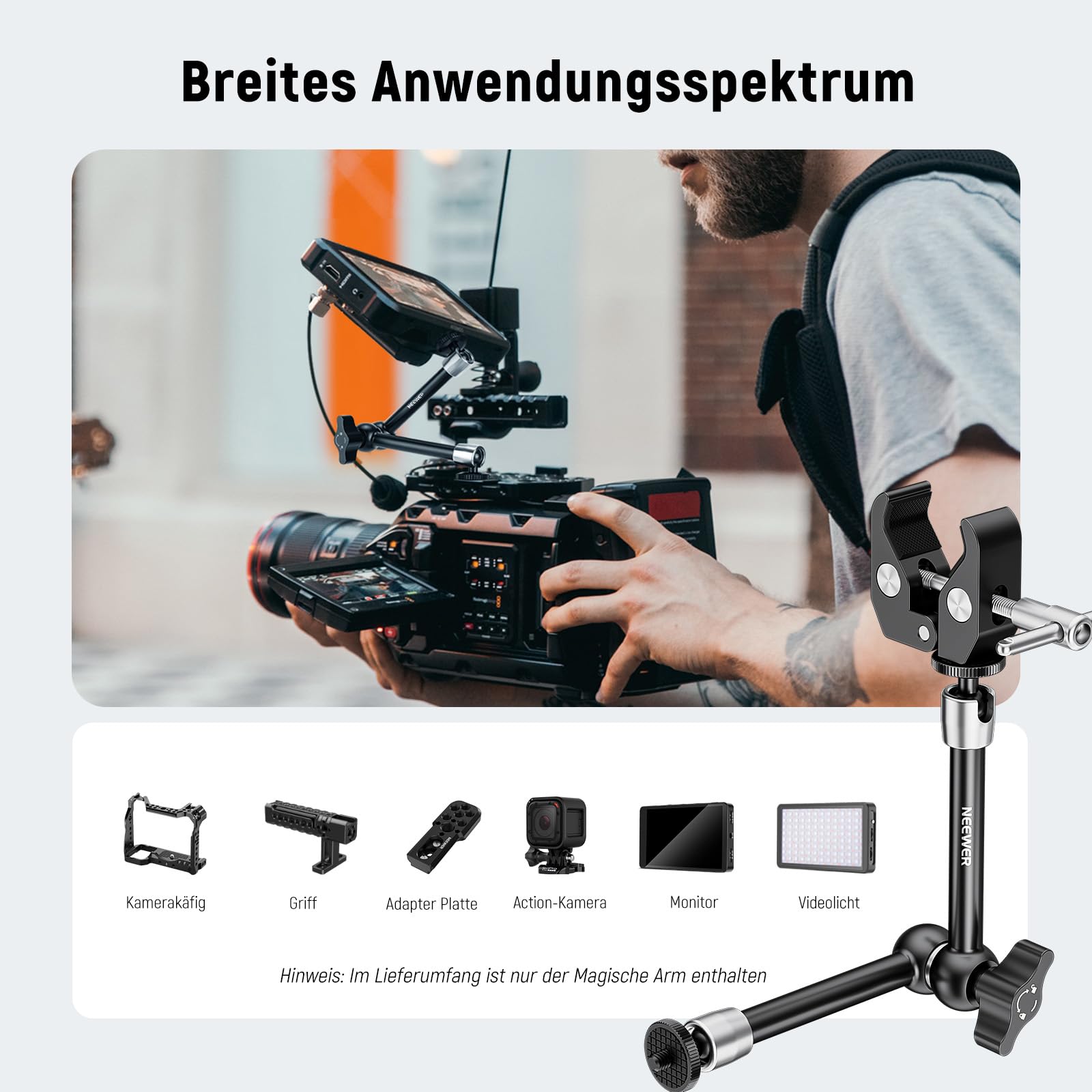 NEEWER 9.8"/25cm Magic Arm verstellbar mit Super Clamp, 1/4" und 3/8" Gewinde, 1/4" Schrauben für Blitz/LED Licht/Mikrofon/Monitor kompatibel mit SmallRig Kamera Käfig, Maximale Belastung: 1.5kg,ST25C