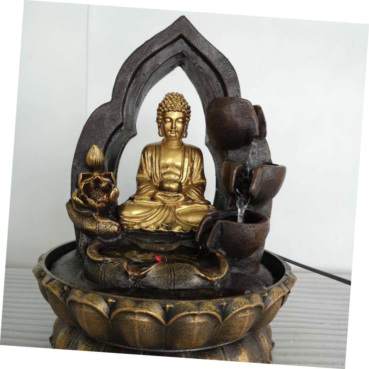 Resin Buddha Tabletop Waterfall Fountain Statue with Flowing Water Feature for Home Office Decor Chinese-Inspired Zen Garden Ornament US