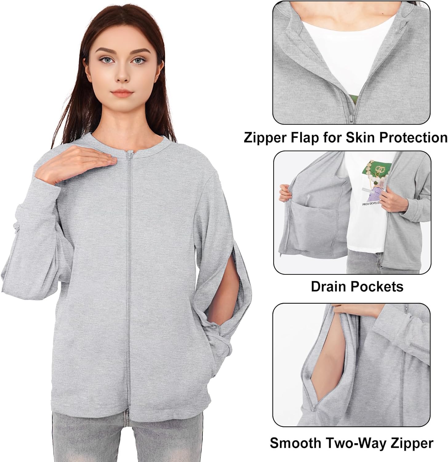 Mastectomy Shirts with Drain Pockets & Dialysis Sweatshirts with Arm Zipper for Women, Clothing for Easy Port Access - Image 2