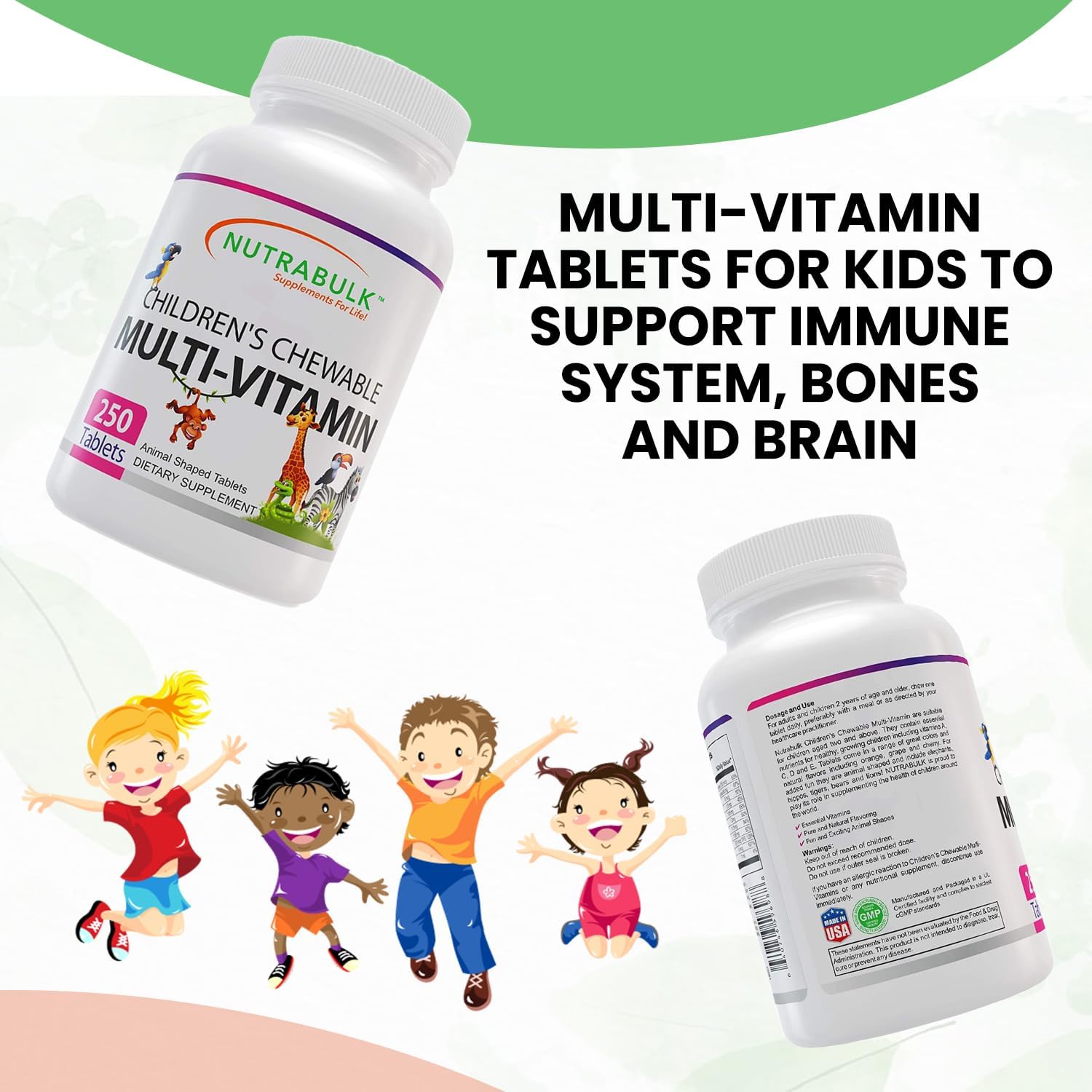 NutraBulk Children’s Chewable Multi-Vitamins - Promoting Kids' Overall Development - USA-Made, May Help to Support Immune, Bone, Brain & Overall Well Being- Vegan & Gluten Free - 250 Cherry Tablets