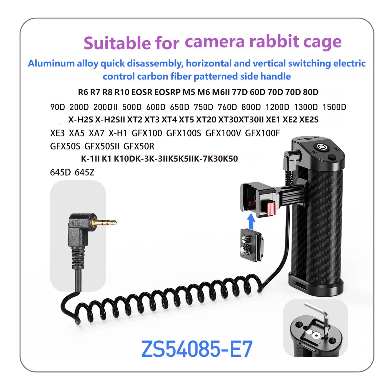 Impugnatura laterale per fotocamera a sgancio rapido con cuscinetto in gomma antiscivolo e interfacce con cavo da 2,5 mm per otturatore per riprese DSLR stabili, impugnature in lega di alluminio