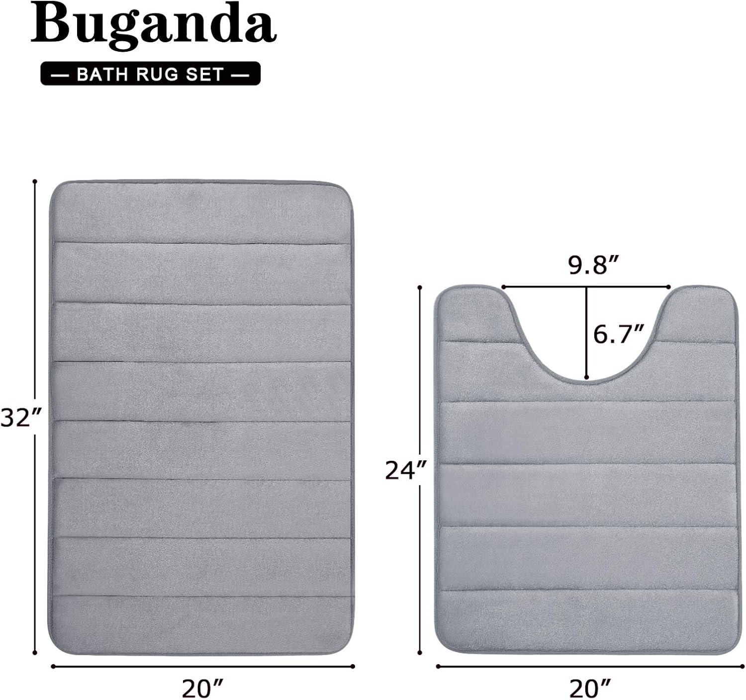Buganda Memory Foam Bathroom Rugs and Mats Sets 2 Pieces, Bath Mat and U-Shaped Toilet Rug, Non Slip, Absorbent, Shaggy, Machine Washable Bathroom Rugs for Bathroom(20" x 24"+20" x 32", Grey)