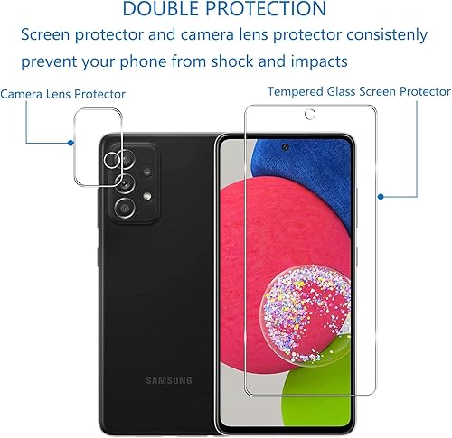 Miniatura 6 de [3+3] Paquete de 3 protectores de pantalla de vidrio templado para Samsung Galaxy A52 5G con 3 protectores de lente de cámara, transparente HD,