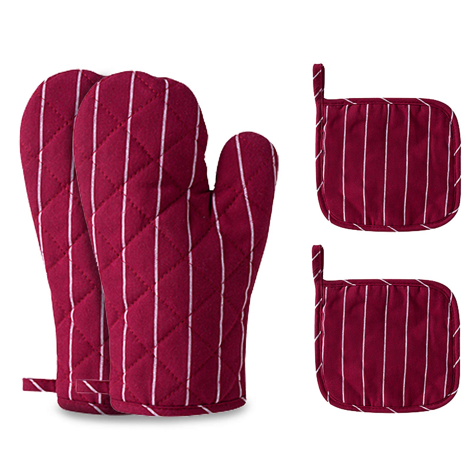Juego de 4 guantes de horno y soportes para ollas, resistentes al calor, con agarradera, guantes de microondas resistentes al calor, seguros para hornear, cocinar, barbacoa (rojo)