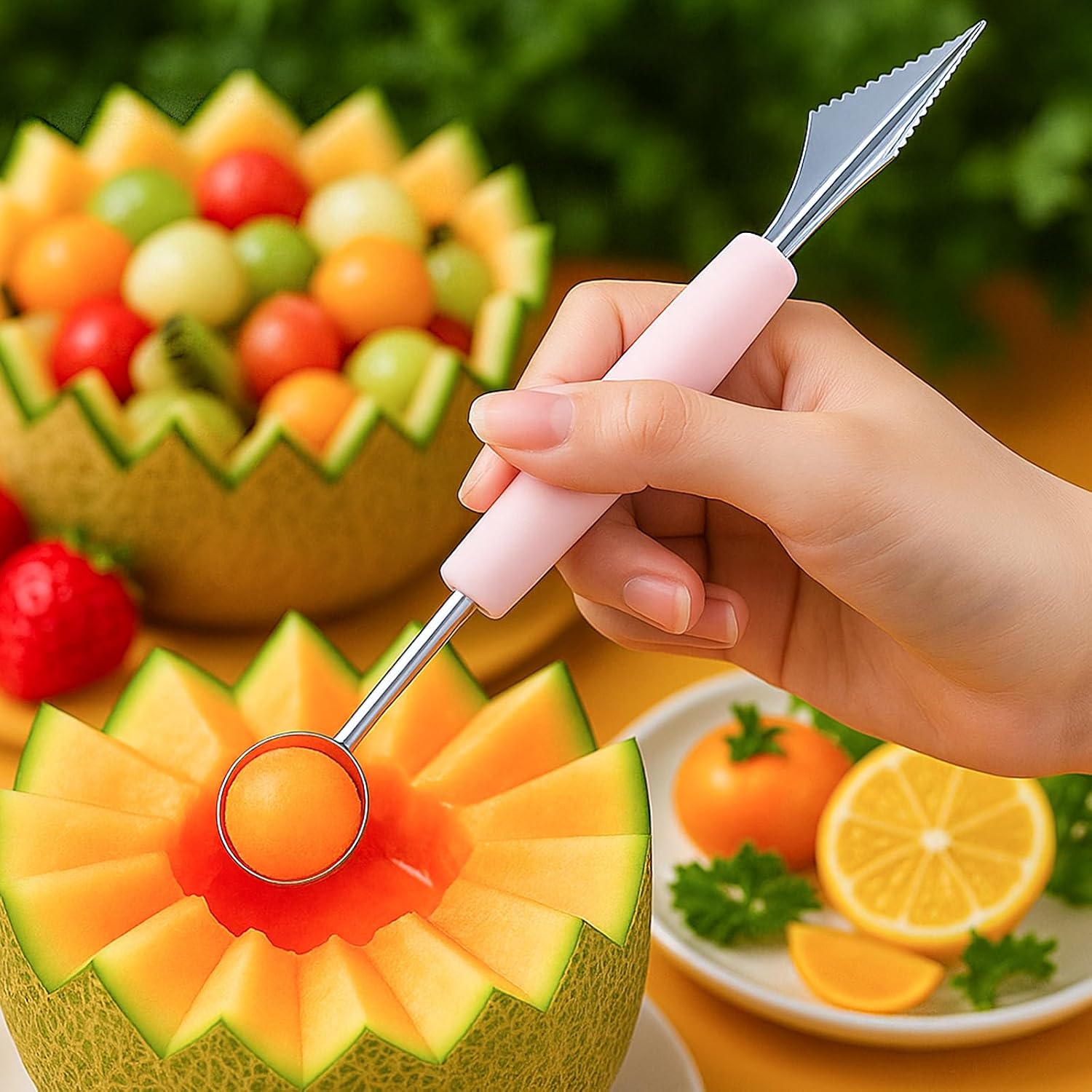 Smart | 1 PCS Kitchen Tools 2 in 1 Fruit Watermelon Ballers Scoop,Muskmelon Baller Scoop Carving Tool for Fruit Decoration and Sculpting,Pink 2026