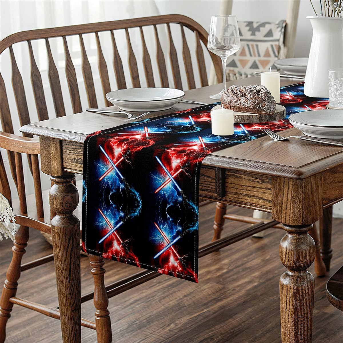 Feelyou Lightsaber Table Runner 120x13 Inch Red Blue Decorations Indoor Outdoor Party Supply Lightsaber Grommet Home Kitchen Dining Decor Dresser Scarfs Future Technology Home Decor for Living Room