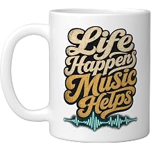 Life Happens Music Helps Retro Sound Wave Design Ceramic Mug, White