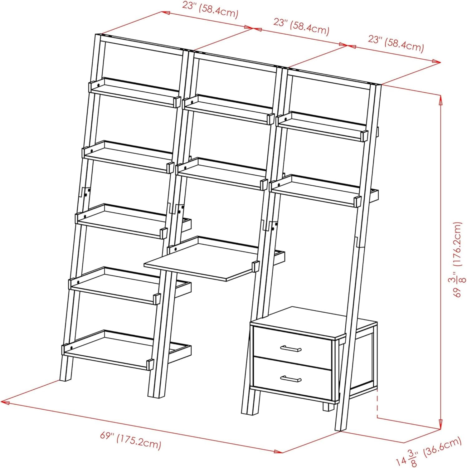 Modern Black 3-Piece Leaning Desk and Ladder Shelf Set – Solid Wood Wall-Leaning Workspace & Storage System for Home Office or Living Room