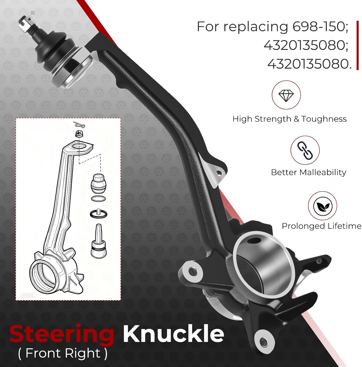 Front Right Passenger Side Steering Knuckle Compatible with Toyota 4Runner 1996-2002, Sequoia 2001-2003, Tacoma 1995-2004, Tundra 2000-2003 Fits Models with ABS, Replace 698-150 ‎4320135080 4320135081