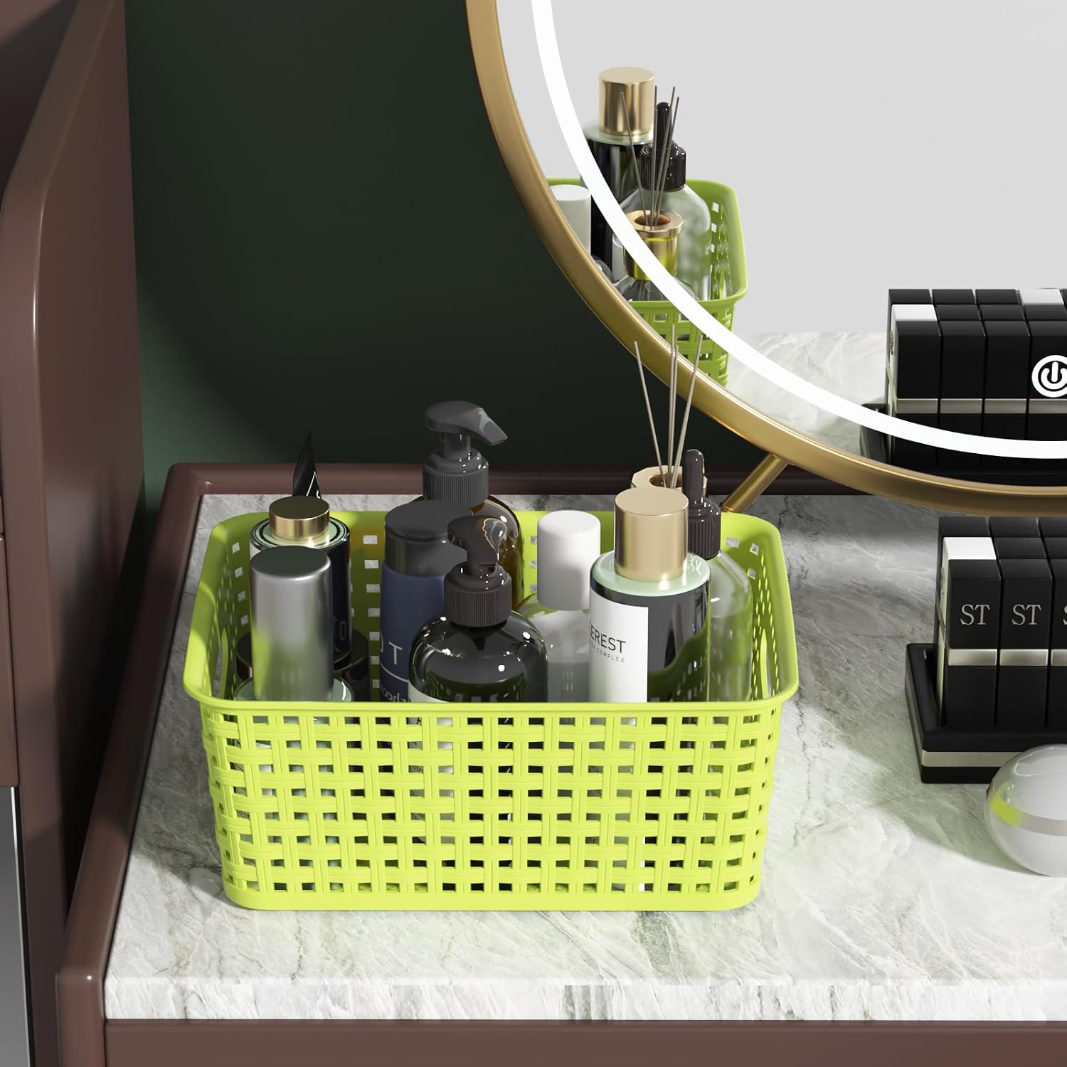 Organizer Basket, Plastic Woven Storage Shelf Baskets, 6 Packs | Multi-colored Small Plastic Organization Basket Bin for Pantry, Cupboard, Bathroom, Kitchen