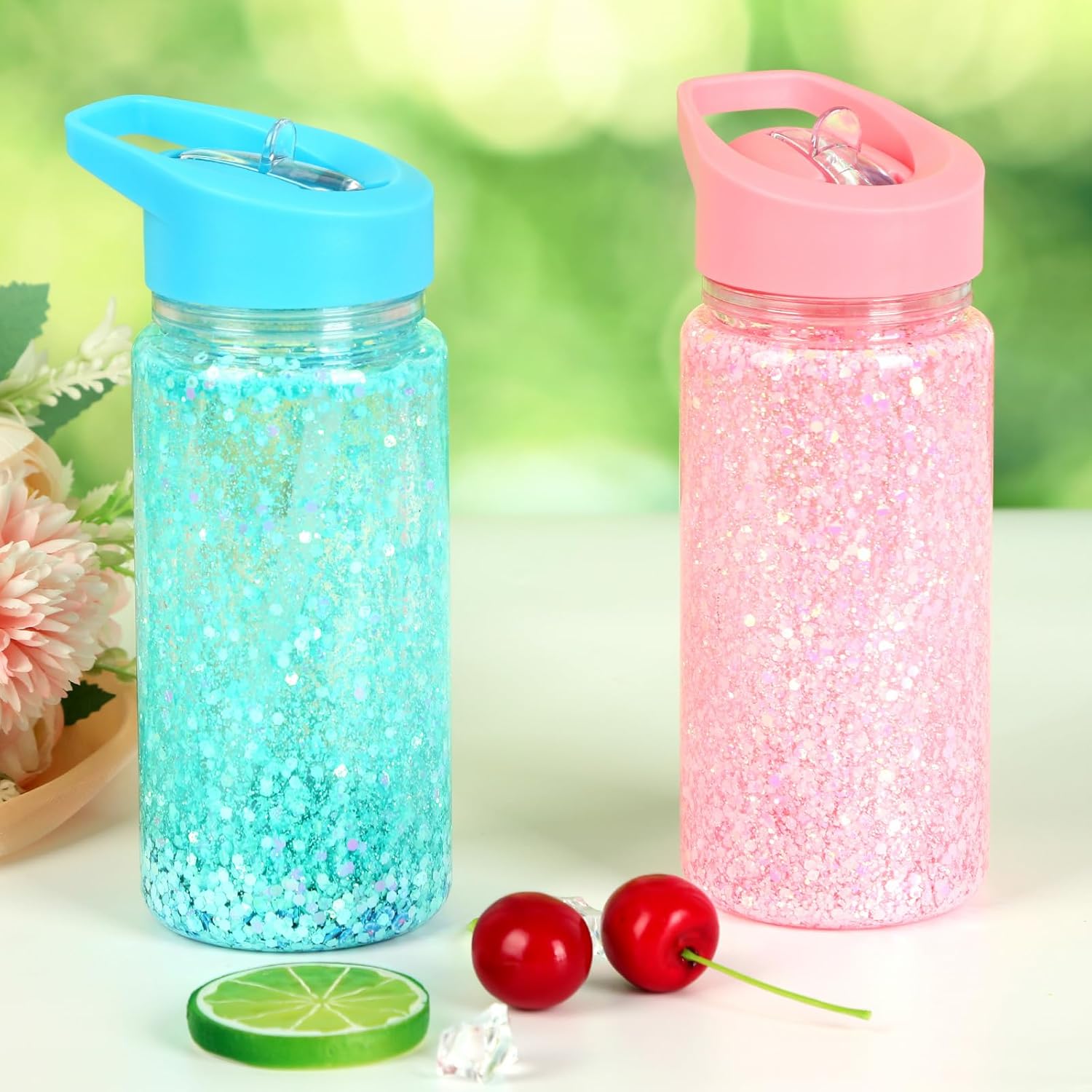 6 Pack 10 Oz Plastic Snow Globe Tumbler for Kids with Pre-Drilled Hole and Plug, Leak Proof Double Wall Snow Globe Sports Water Bottles with Portable Handle for Glitter DIY Gift, Mixed Color - Image 2