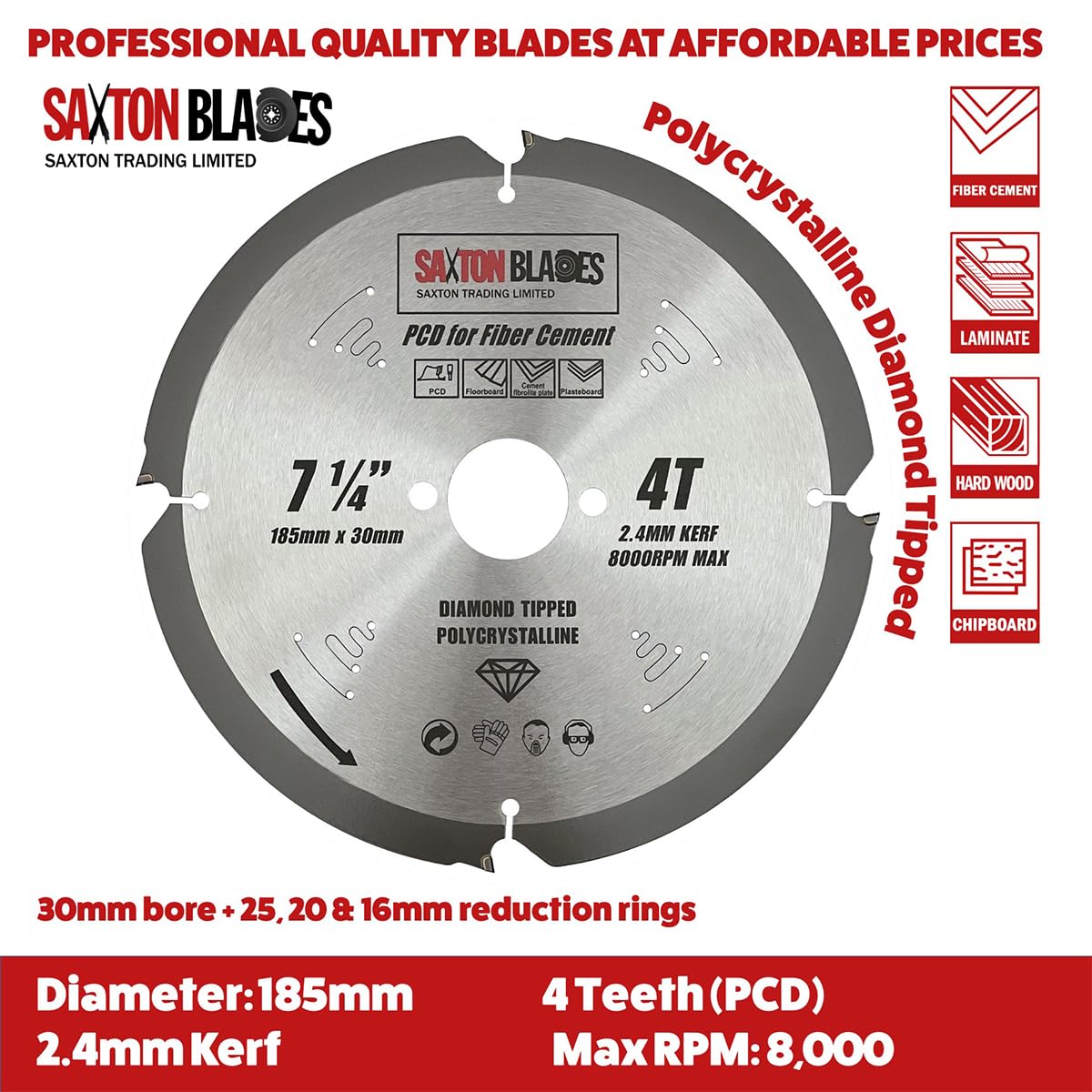 Saxton PCD Circular Saw Blade, 185mm x 4 Teeth x 30mm Bore 16, 20 & 25mm rings - Image 2