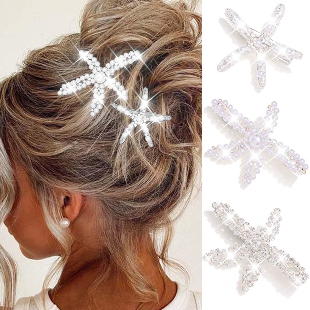 Reaky Starfish Hair Clips Mermaid Hair Clip 3 Pcs Pearl Clips Rhinestone Hair Accessories for Women (Silver)