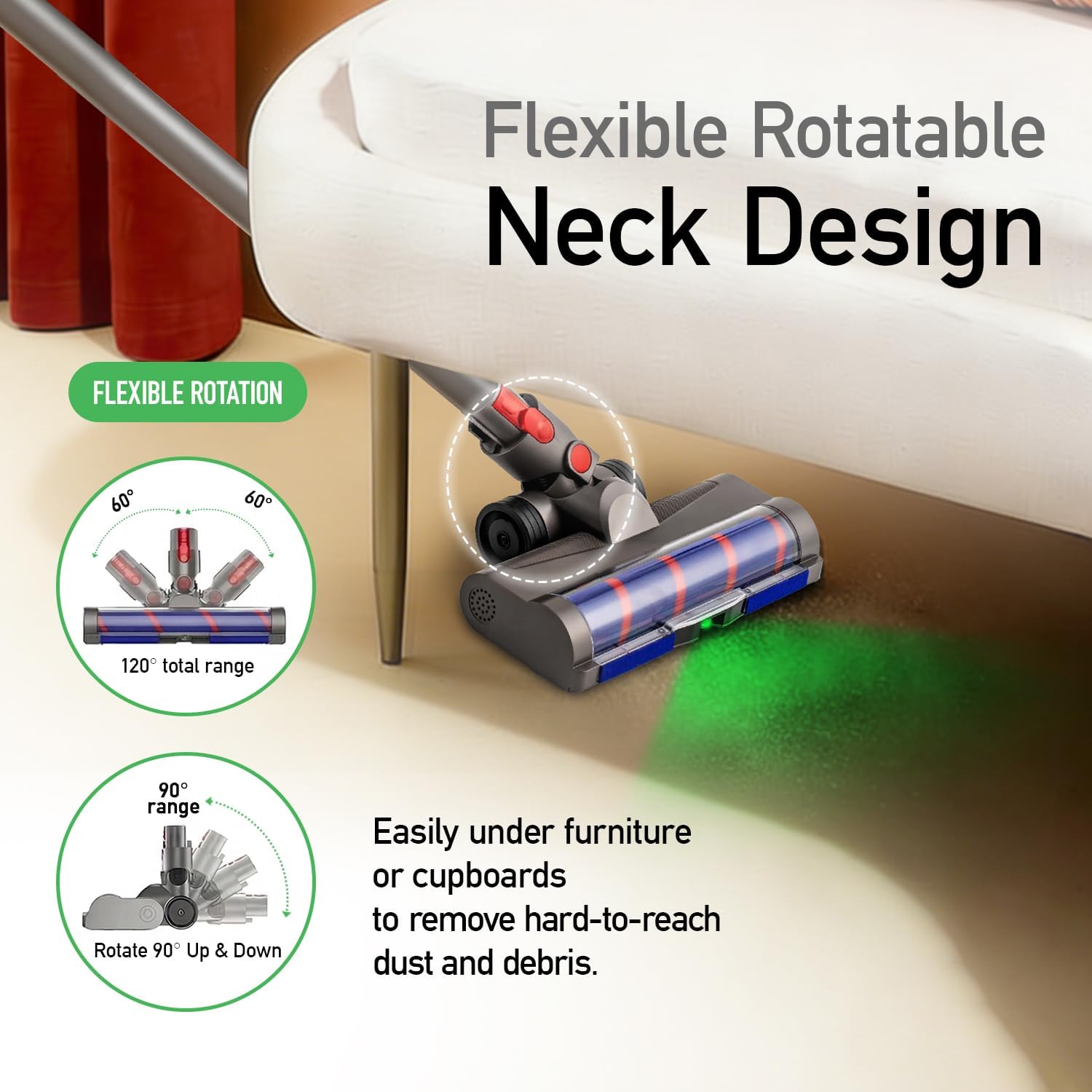 Replacement Motorized Head for Dyson V15 V11 V10 V8 V7, Hidden Dust Detection Green LED Attachment with 2-in-1 Dual Roller, 60% Effortless Glide for Carpet & Hard Floor, Stable Self-Standing Design