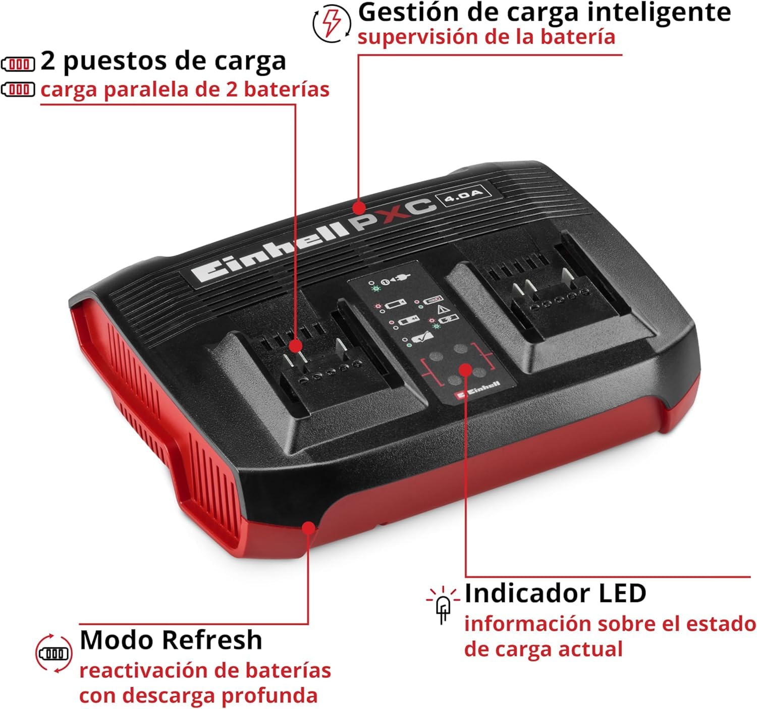 Original Einhell cargador Power X-Twincharger 4A Power X-Change (18 V, carga simultánea de 2 baterías de 18 V, supervisión de baterías, sistema de gestión de la carga, modo Refresh)