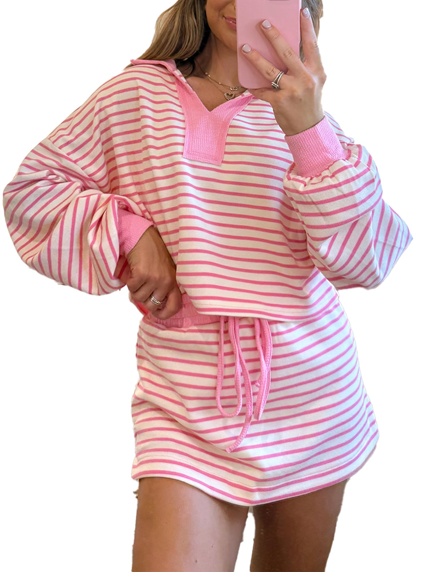 Sexy outfit Damski zestaw w paski Bluza z długim rękawem i dopasowana spódnica ze sznurkiem Casual 2-częściowy zestaw odzieży codziennej Streetwear