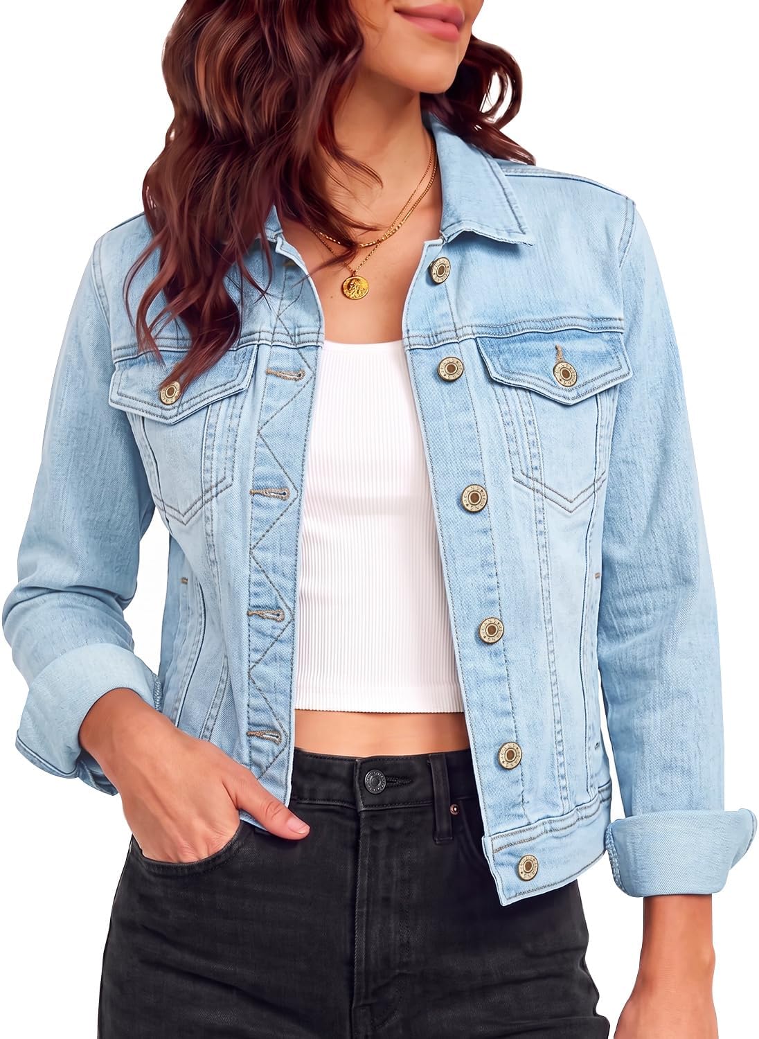Vetinee Womens Stretch Button Down Long Sleeve Pockets Denim Jean Trucker Jacket