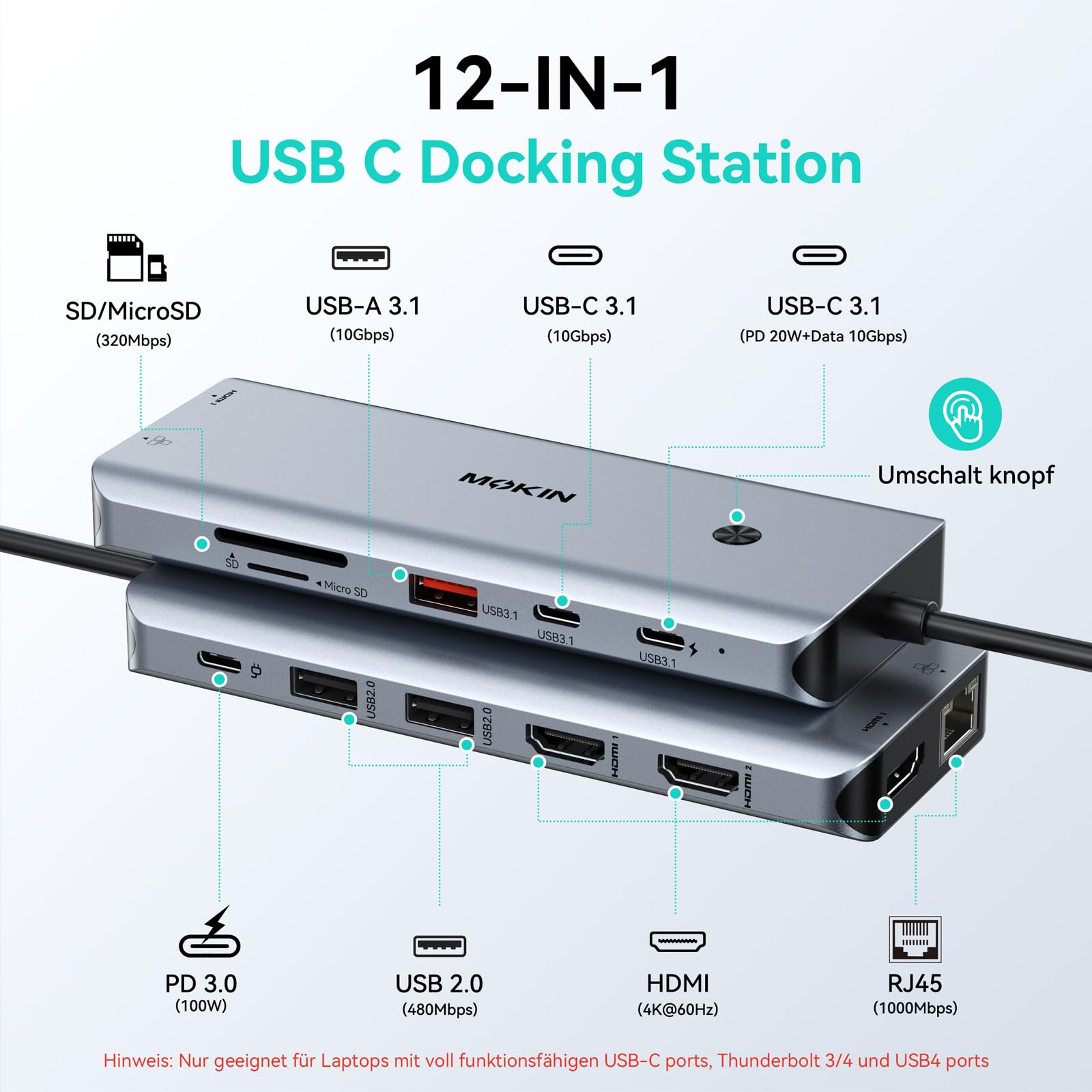 Docking Station USB C HUB 3 HDMI, 12 in 1 Laptop Docking Station 3 Monitore mit Triple HDMI, Gigabit Ethernet, 5X USB C/USB A Ports, PD 100W Fast Charging, SD/TF Card Reader für Dell/HP/Lenovo