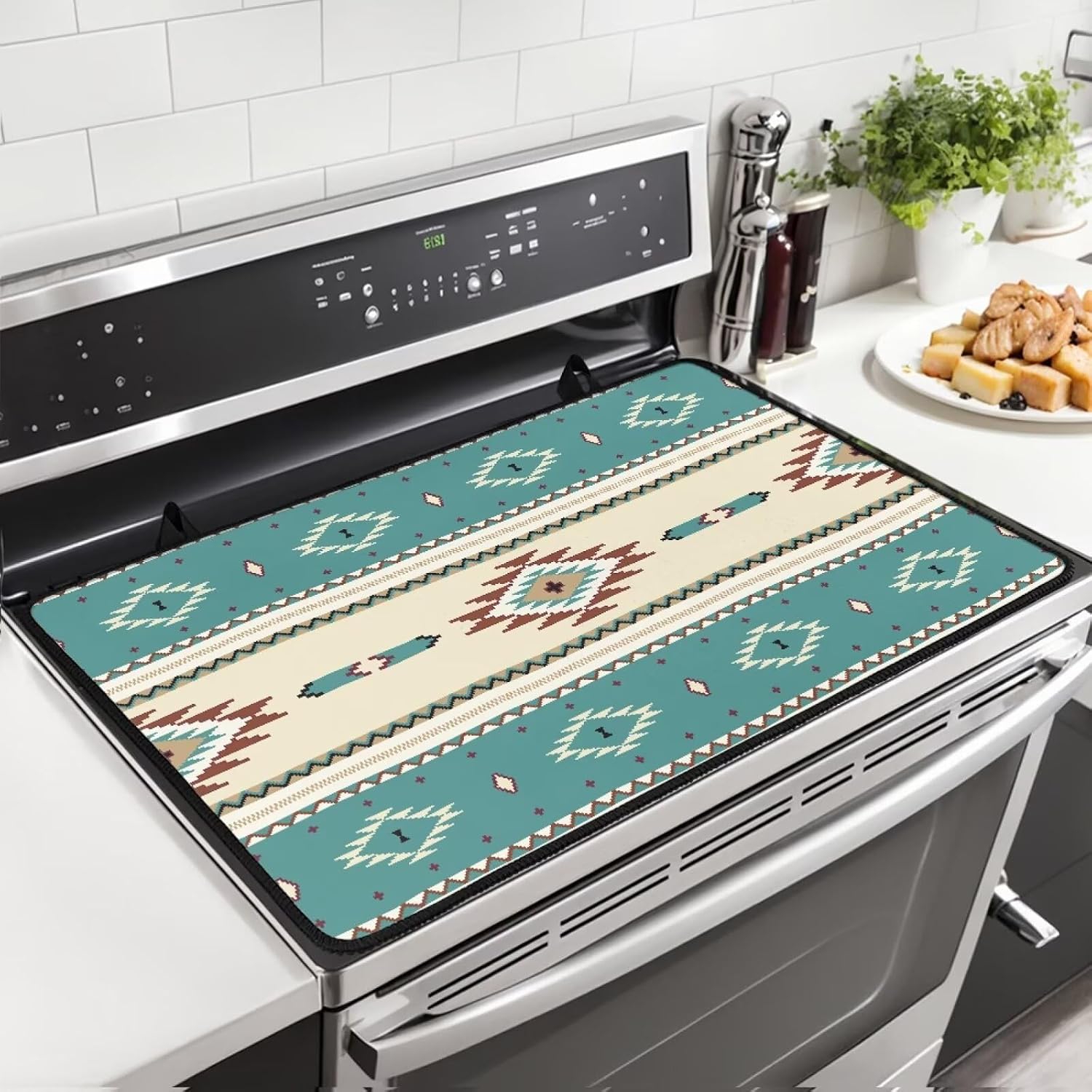 Aztec Stove Top Covers for Electric Stove Ethnic Southwestern Mexican Native Tribal Green Glass Top Gas Stove Pad Heat Resistant Range Cooktop Mat for Kitchen 28"x20"