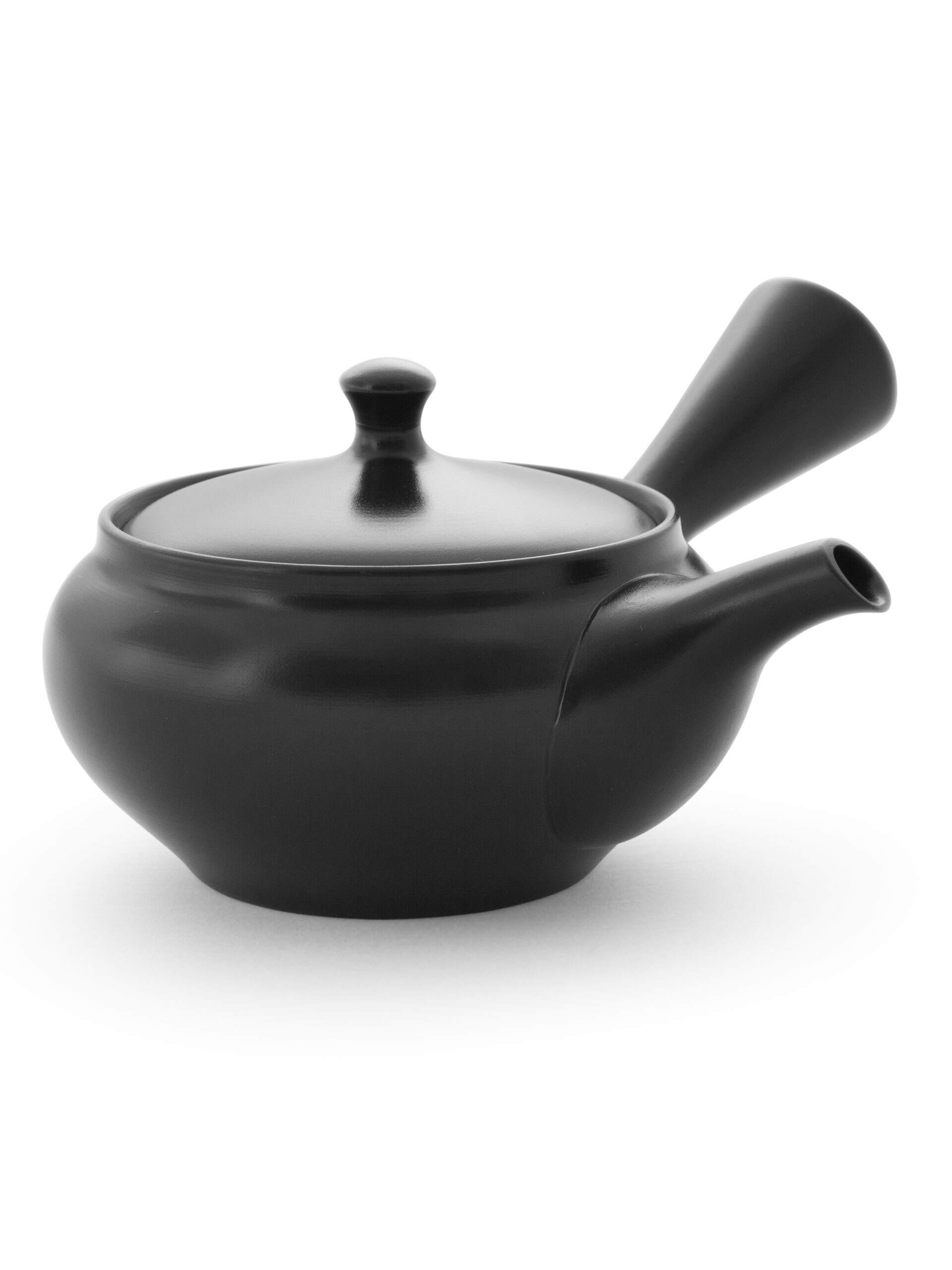 japanische Tee-Kanne Kuro Hiramaru. Schwarz, Integriertes Sieb Edelstahl. Echt japanische Kyusu, Seitengriffkanne, aus natürlichem Tokoname-Ton