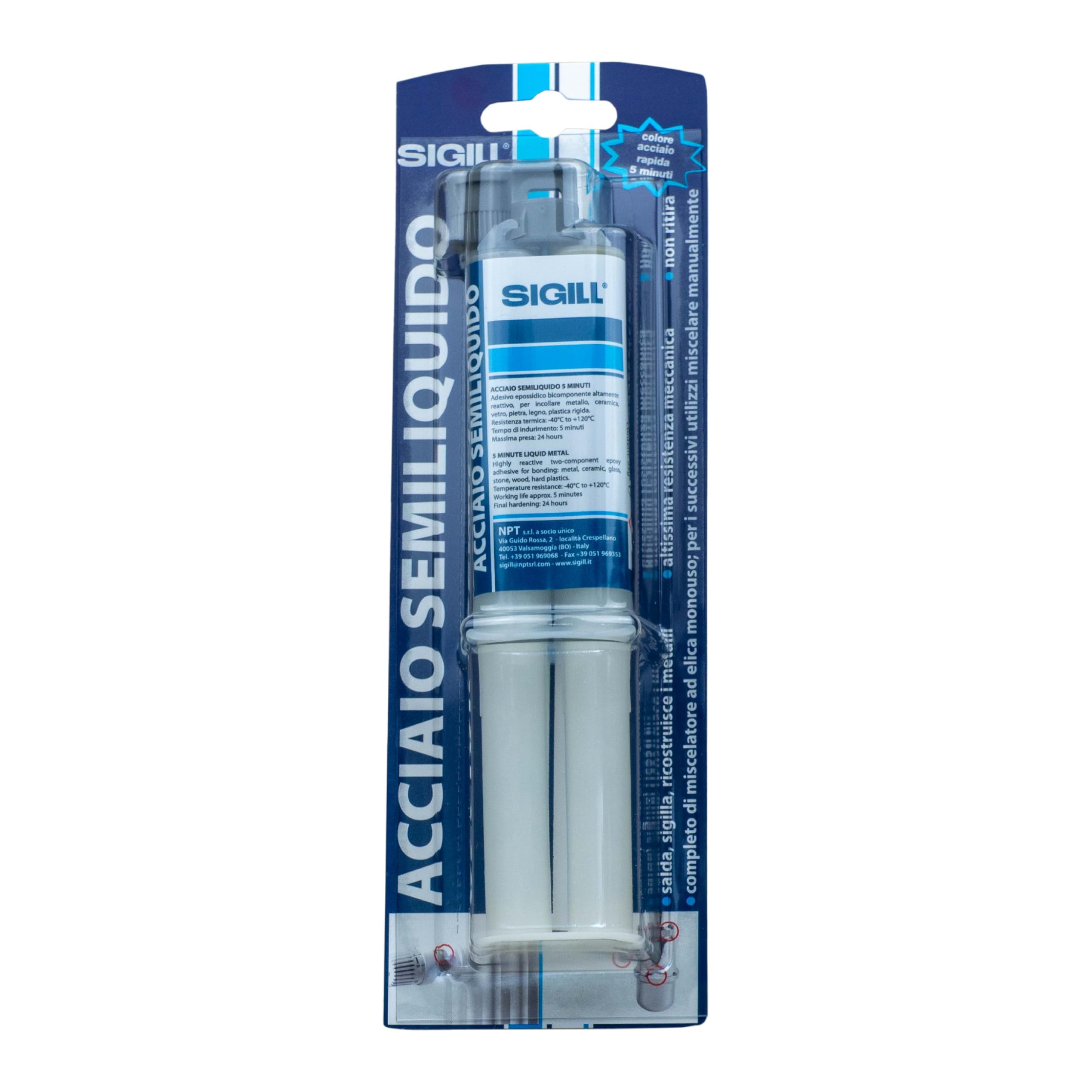 SIGILL, Acciaio Semiliquido, Adesivo Bicomponente a Base Epossidica ad Alta Reattività, Ideale per Incollare, Sigillare e Ricostruire Metalli, Elevata Resistenza Meccanica, Blister 25 gr