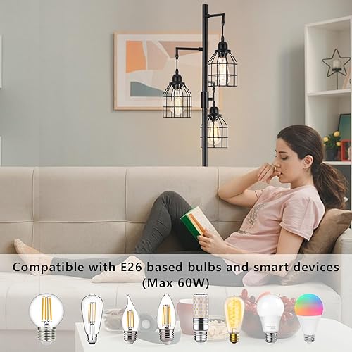 Miniatura 4 de 9MMML Lámpara de pie para sala de estar, lámpara de pie industrial regulable de granja, 3 luces de jaula de metal, 68 pulgadas, 3 bombillas LED