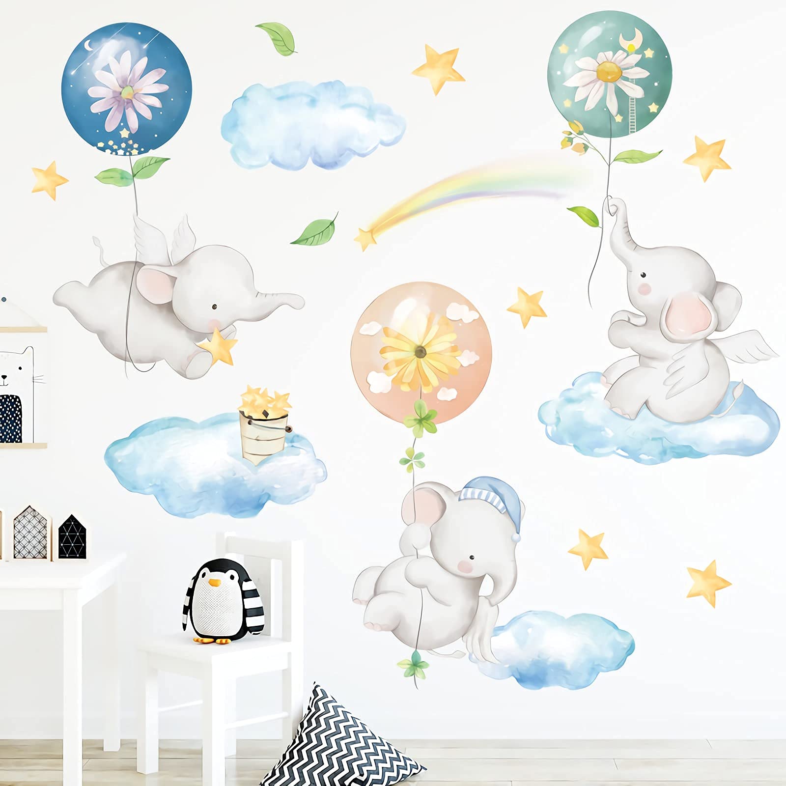 Cute Flying Elephant Wall Decals, MYKASEN Elephant Colorful Balloon Stars and Cloud Wall Stickers, Removable Cartoon Animals DIY Baby Decor Art Mural for Kids Nursery Bedroom Living Room