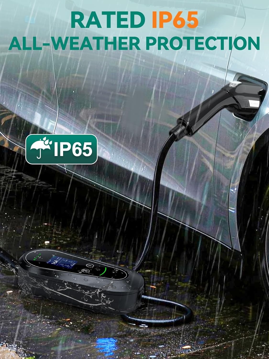 Level 1&2 EV Charger, 16 Amp 110V-240V, Portable Electric Vehicle Charger with 25ft Cable, J1772 Connector Compatible with All PHEV/EV, NEMA 6-20 Plug & NEMA 5-15 Adapter