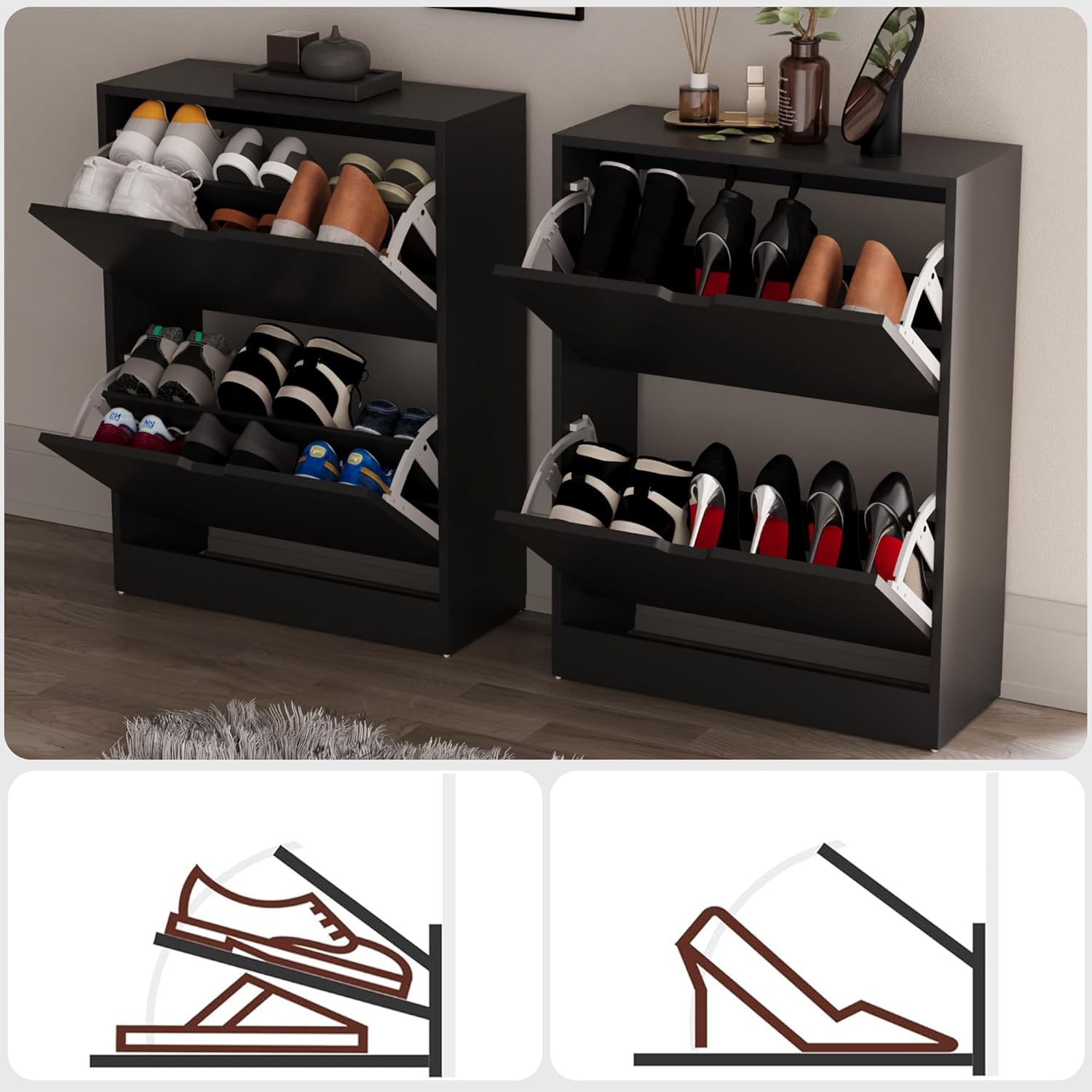 Image showing the shoe cabinet with one drawer open, revealing shoes stored inside.