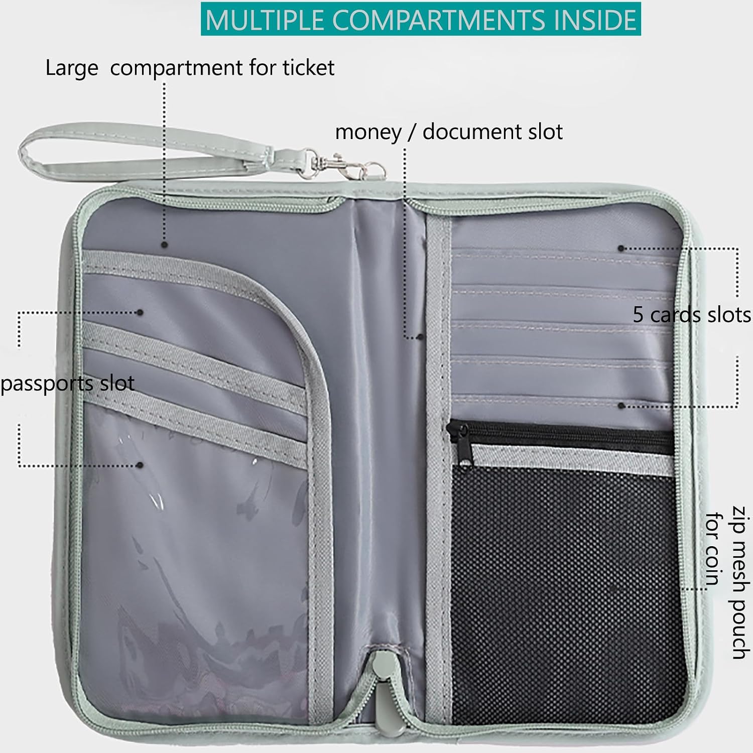 RFID Family Passport Wallet, Waterproof Travel Passport Holder with Wrist Strap, Document Card Organizer Case for Men & Women-Green