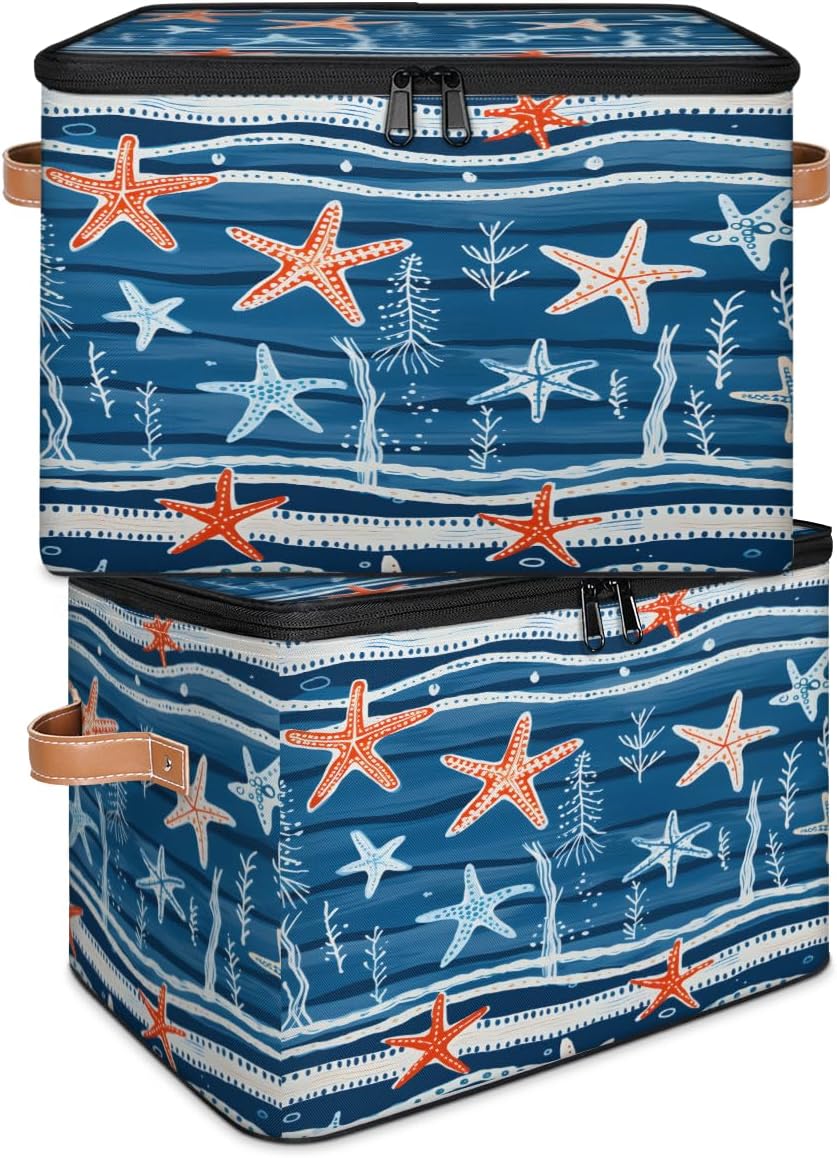 Storage Bin Set of 2 Starfish Coral Storage Basket with Zipper Lid & Handle Foldable Closet Shelf 2 Pack Cloth Organizer Basket Cube Bins Clothes Organizer for Bedroom, Nursery