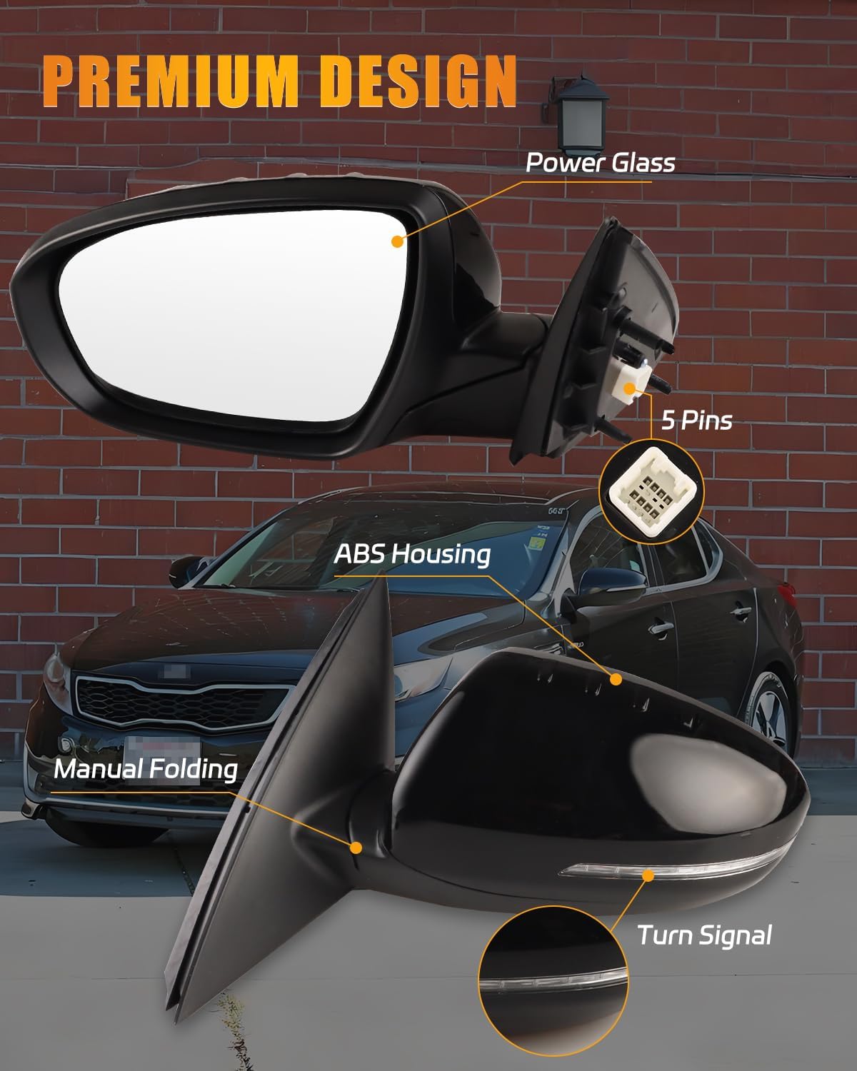 Left Driver Side Mirror for 2011-2013 Ki-a Optima SX/LX/EX (5 PINS), Black Manual Folding Non Heated Power Glass, Optima Turn Signal Light, KI1321152 87620-2T110
