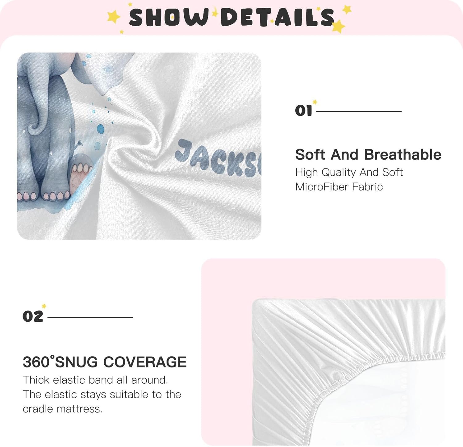 Cute Baby Elephant Custom Fitted Crib Sheet for Pack and Play Personalized Playard Sheet for Daycare with Soft and Breathable Material Cradle Sheets for Girls Boys Baby