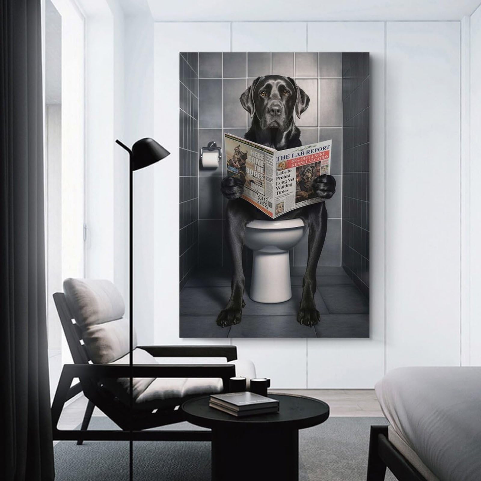 Junmoney Unframe-Style-20-1 Black Labrador On Toilet Home Decor Wall Art 24X36inch(60X90cm), For Gallery Wall Layouts In Home Or Office, A Versatile Canvas Print For Layering