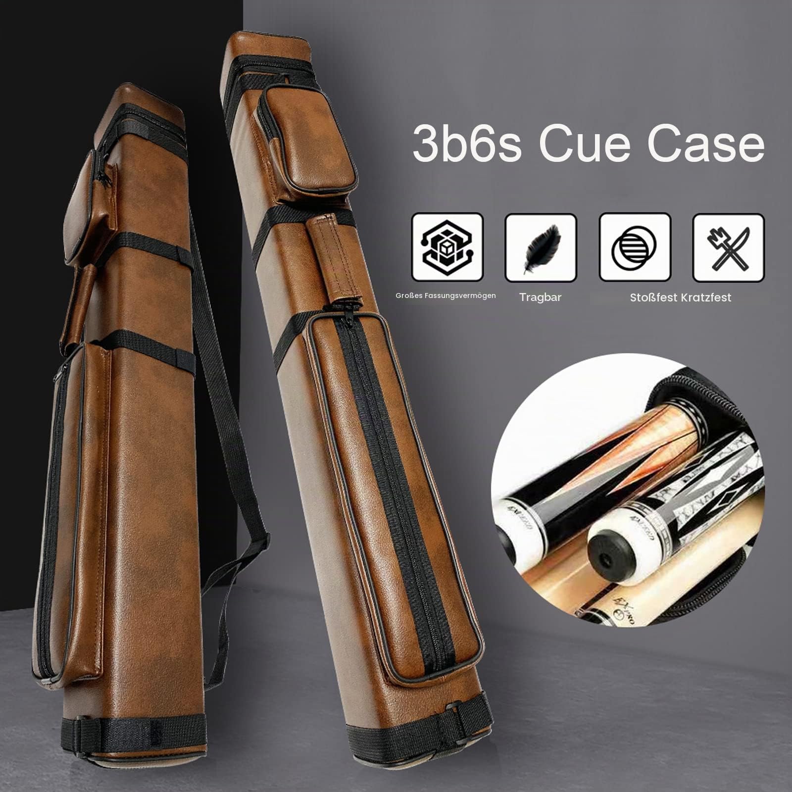 Billardqueue-Tasche, 3 x 6, Kunstleder, harte Queue-Tasche für 3 Butts und 6 Schäfte, Braun