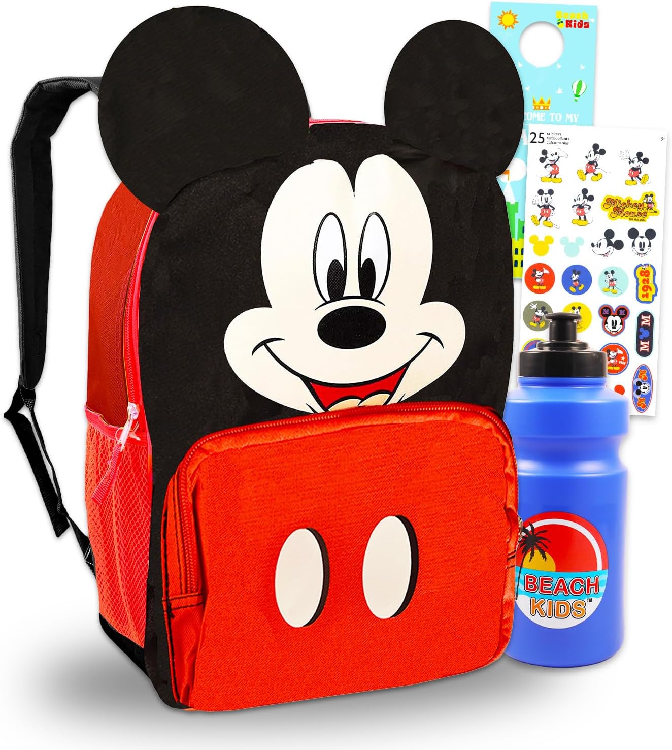 Disney Mickey Mouse Backpack for Kids Toddlers - Bundle with Deluxe 12" Mini Backpack with 3D Ears Plus Stickers, Water Bottle, More | Mickey School Supplies Set