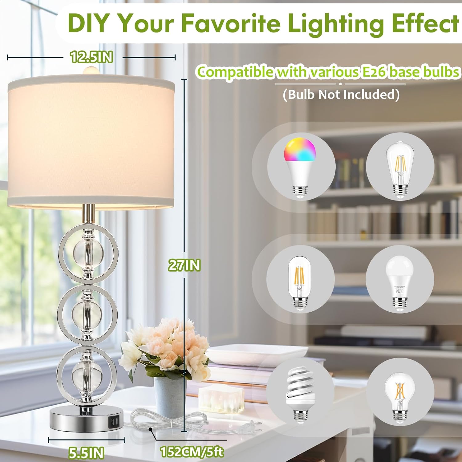 Set of 2 Modern Silver Table Lamps with 2 USB Charging Ports, 27“ Tall Crystal Bedside Nightstand Lamp with White Fabric Shade, Glass Desk Lamp with Rotary Switch for Living Room Bedroom Office Study