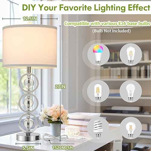 Miniatura 4 de Juego de 2 modernas lámparas de mesa plateadas con 2 puertos de carga USB, lámpara de mesita de noche de cristal de 27 pulgadas de alto con pantalla