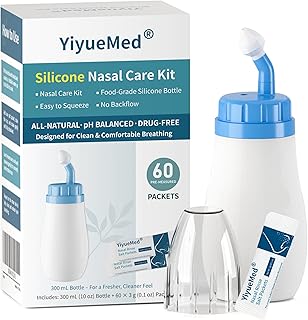 Silicone Nasal Care Kit – Soft Squeeze Bottle (300 mL / 10 fl oz) with 60 Pre-Measured Saline Packets (3 g Each) – Gentle Daily Nasal Rinse for Dry Air & Everyday Nasal Comfort