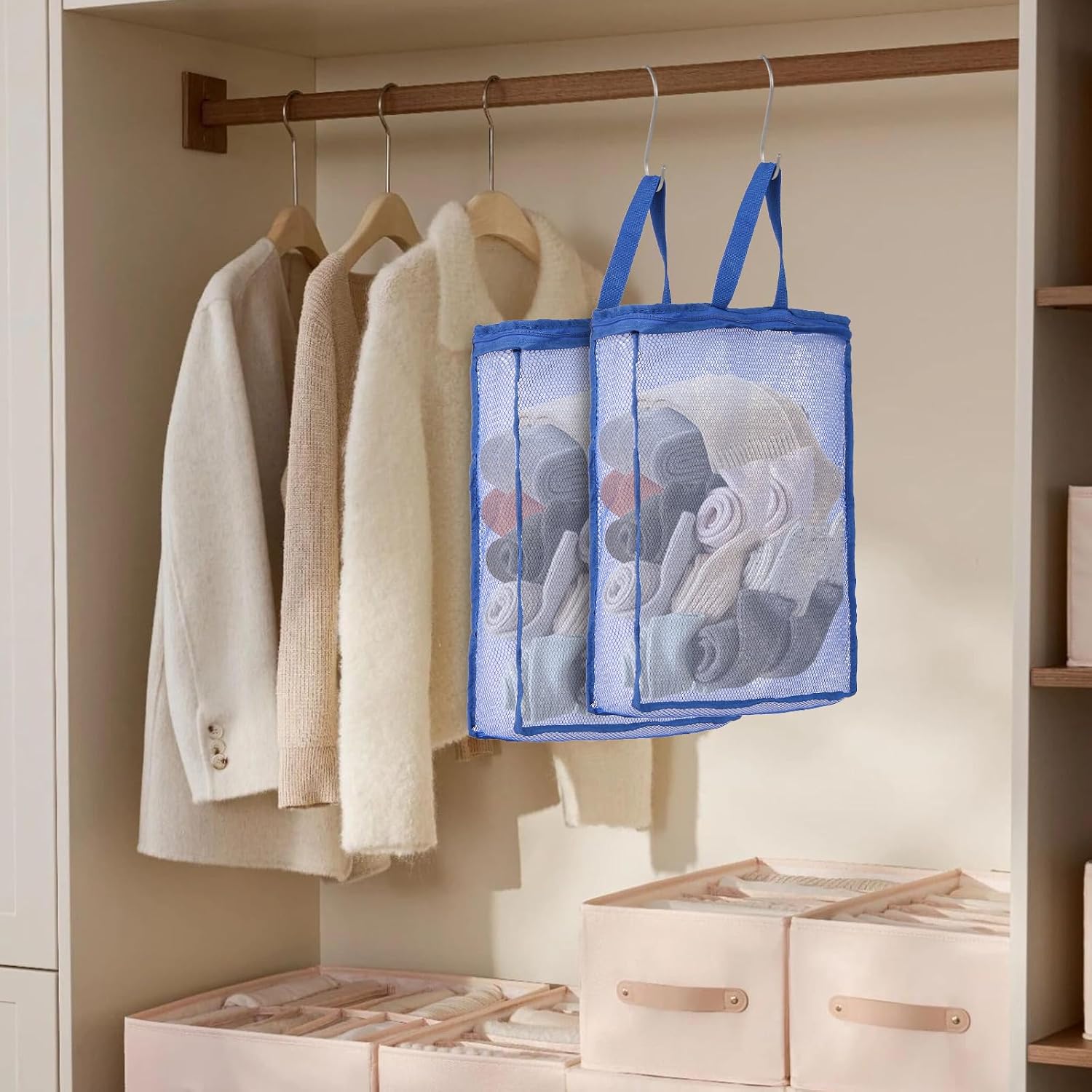 3-Pack 3D Cube Mesh Laundry Bags S/M/L with S-Hooks, Zippered Blue