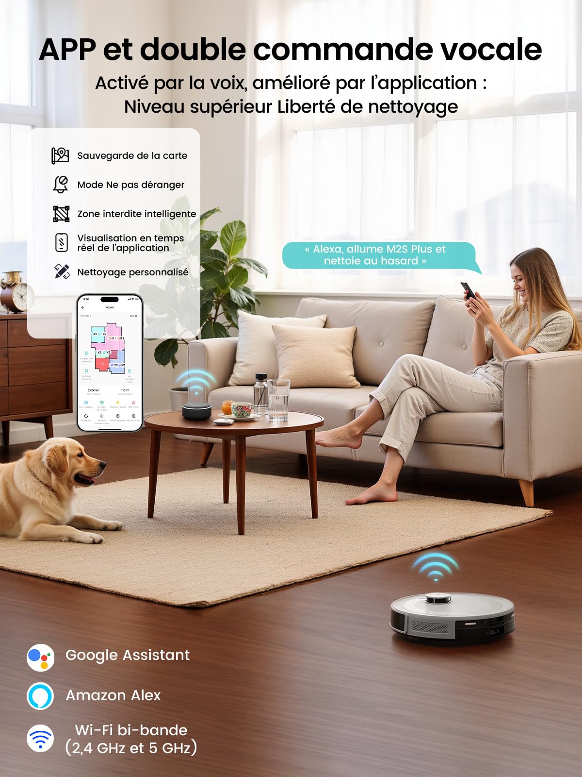 Lefant M2S Plus Aspirateur Robot Laveur avec Station, 10000Pa Aspirateur, Vidange Automatique, Évitement d'obstacles, 240min, Idéal pour Les Poils d'animaux Tapis Sols Durs, Connecté avec Alexa/App